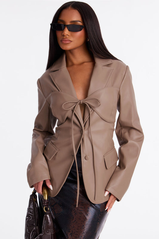Mixed Emotions Tie Front Faux Leather Blazer - Mocha