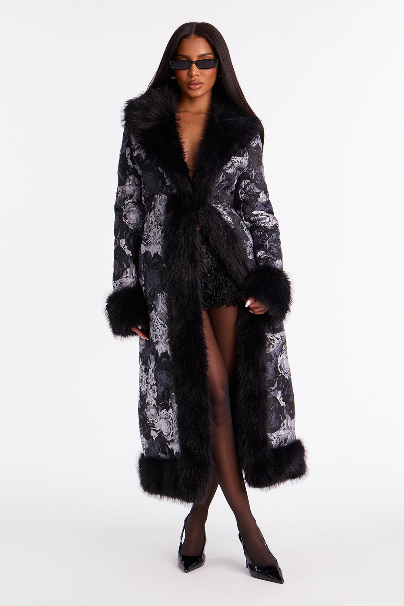 Becoming Richer Jacquard Fur Trim Coat - Black