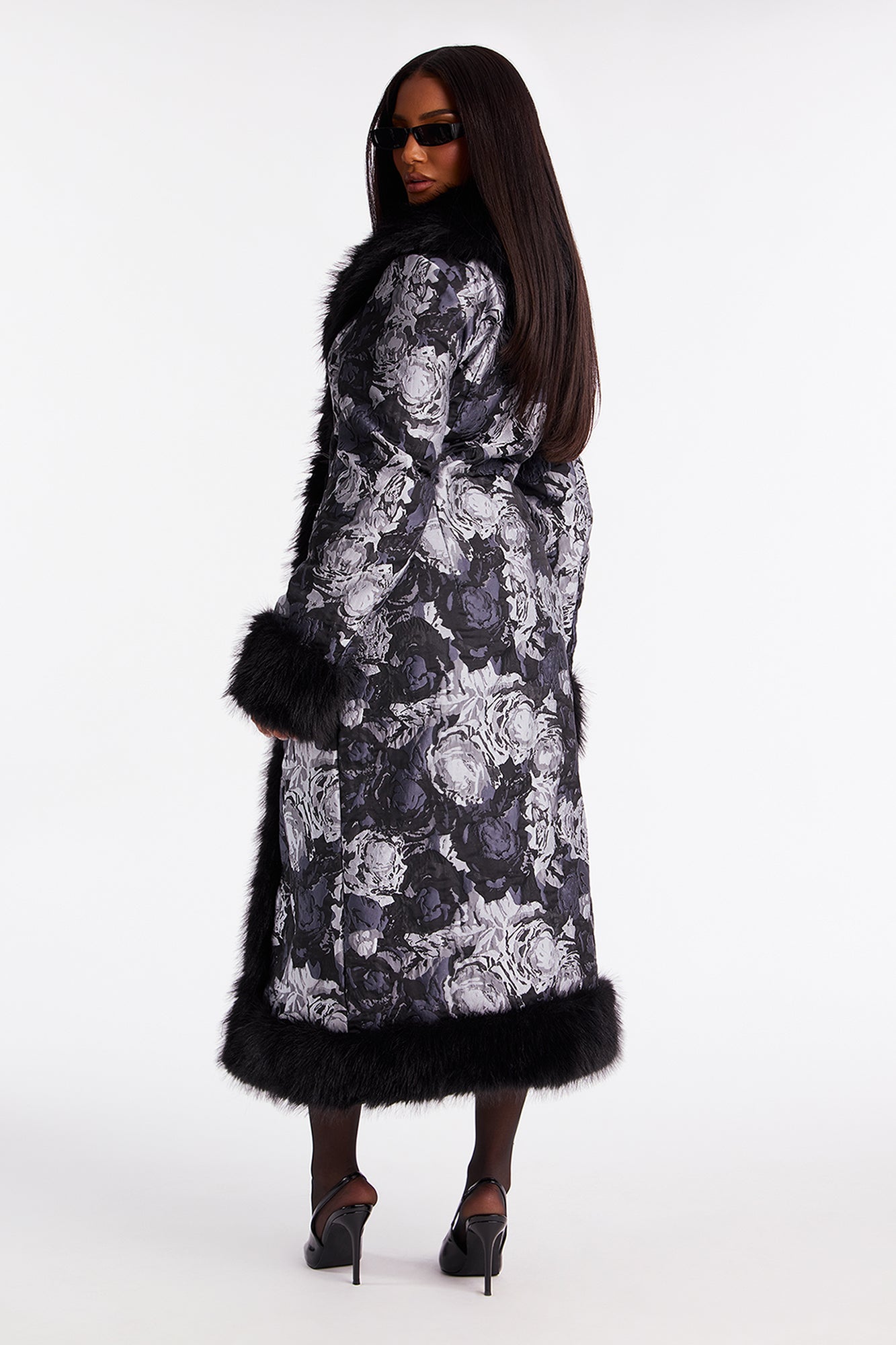 Becoming Richer Jacquard Fur Trim Coat - Black