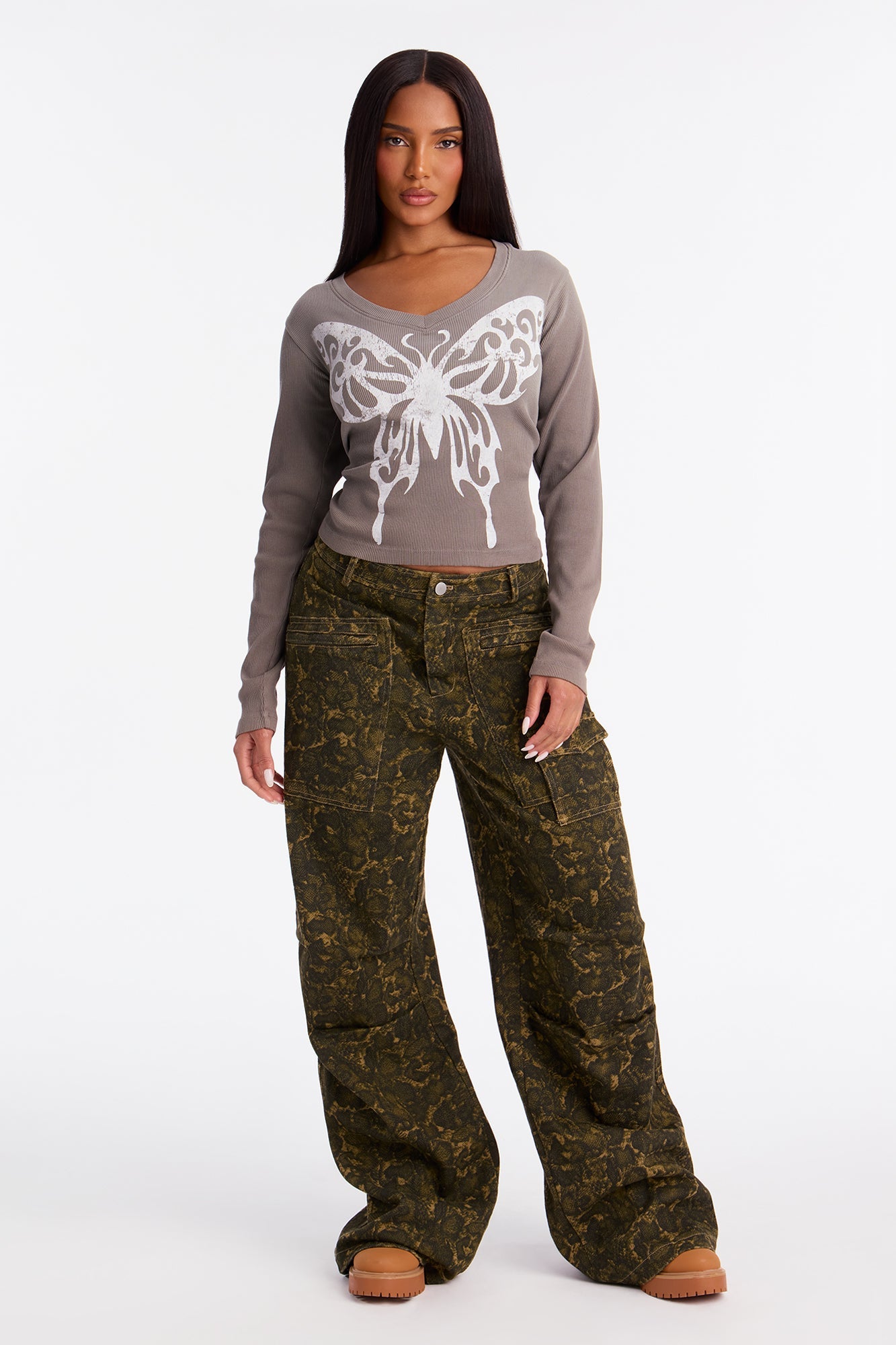 Butterfly Effect Ribbed Long Sleeve Top - Charcoal