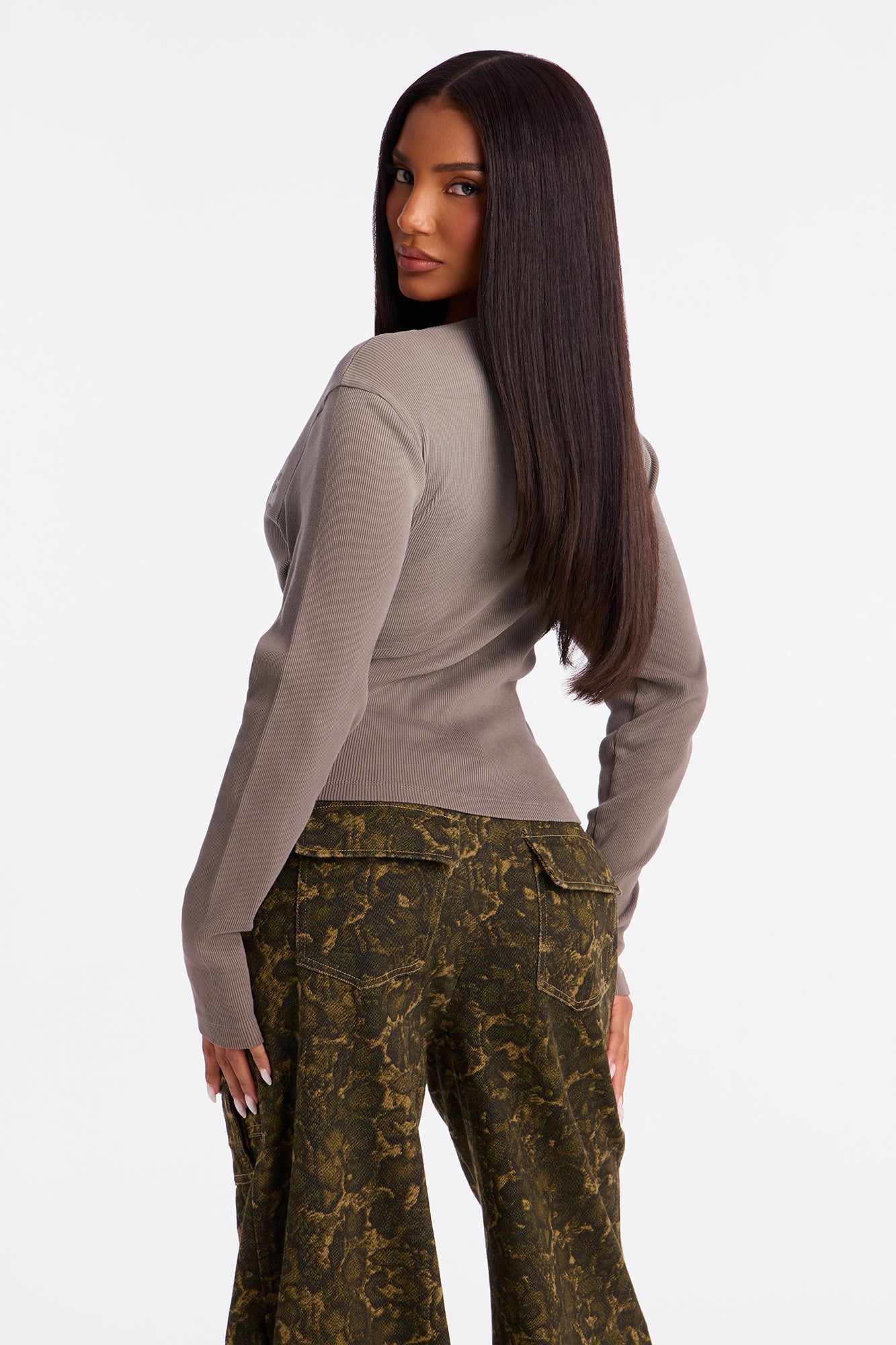 Butterfly Effect Ribbed Long Sleeve Top - Charcoal