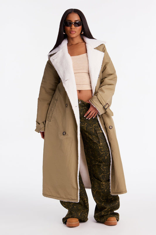 Mountain Escape Belted Sherpa Lined Trench Coat - Olive