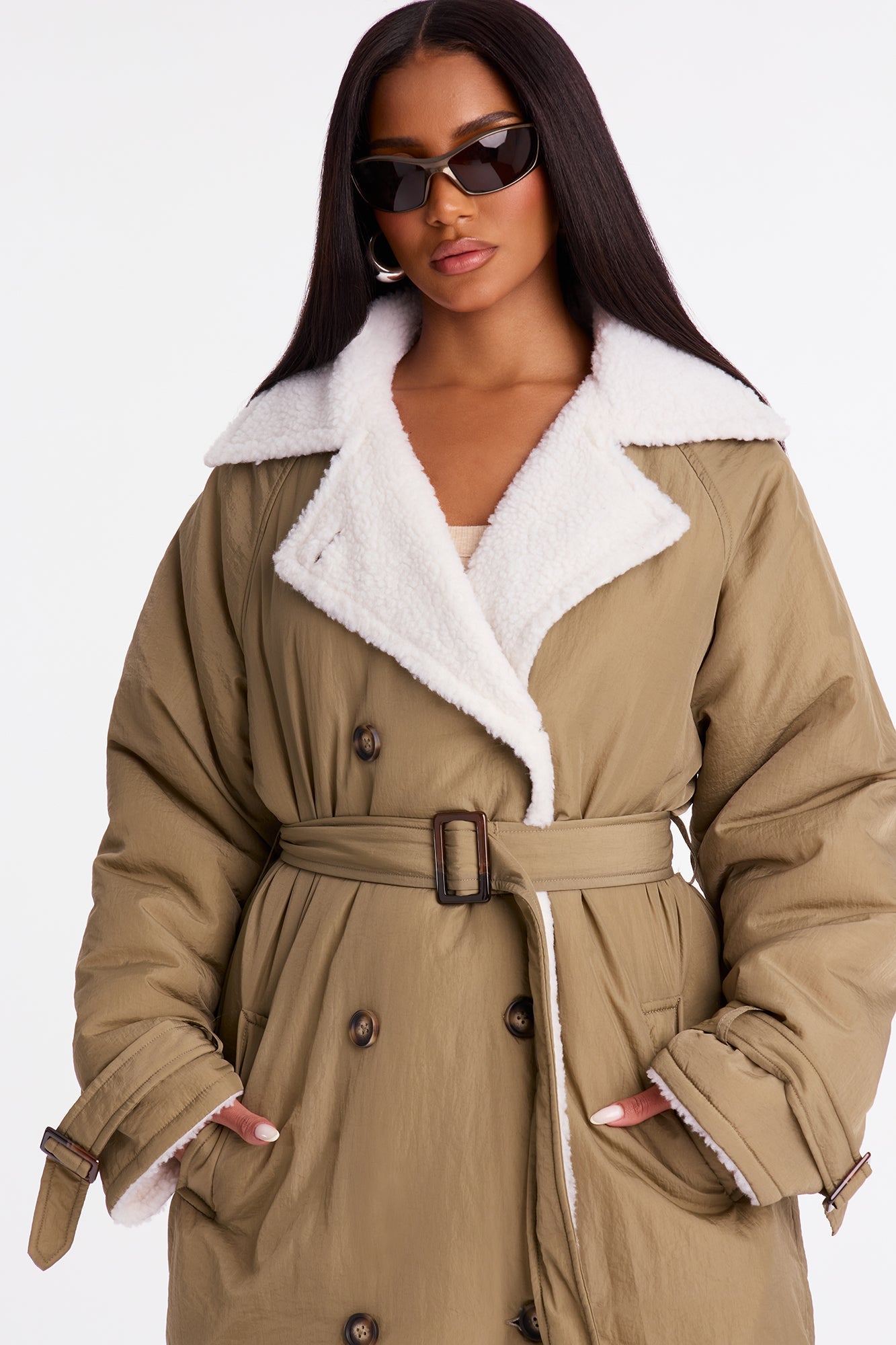 Mountain Escape Belted Sherpa Lined Trench Coat - Olive