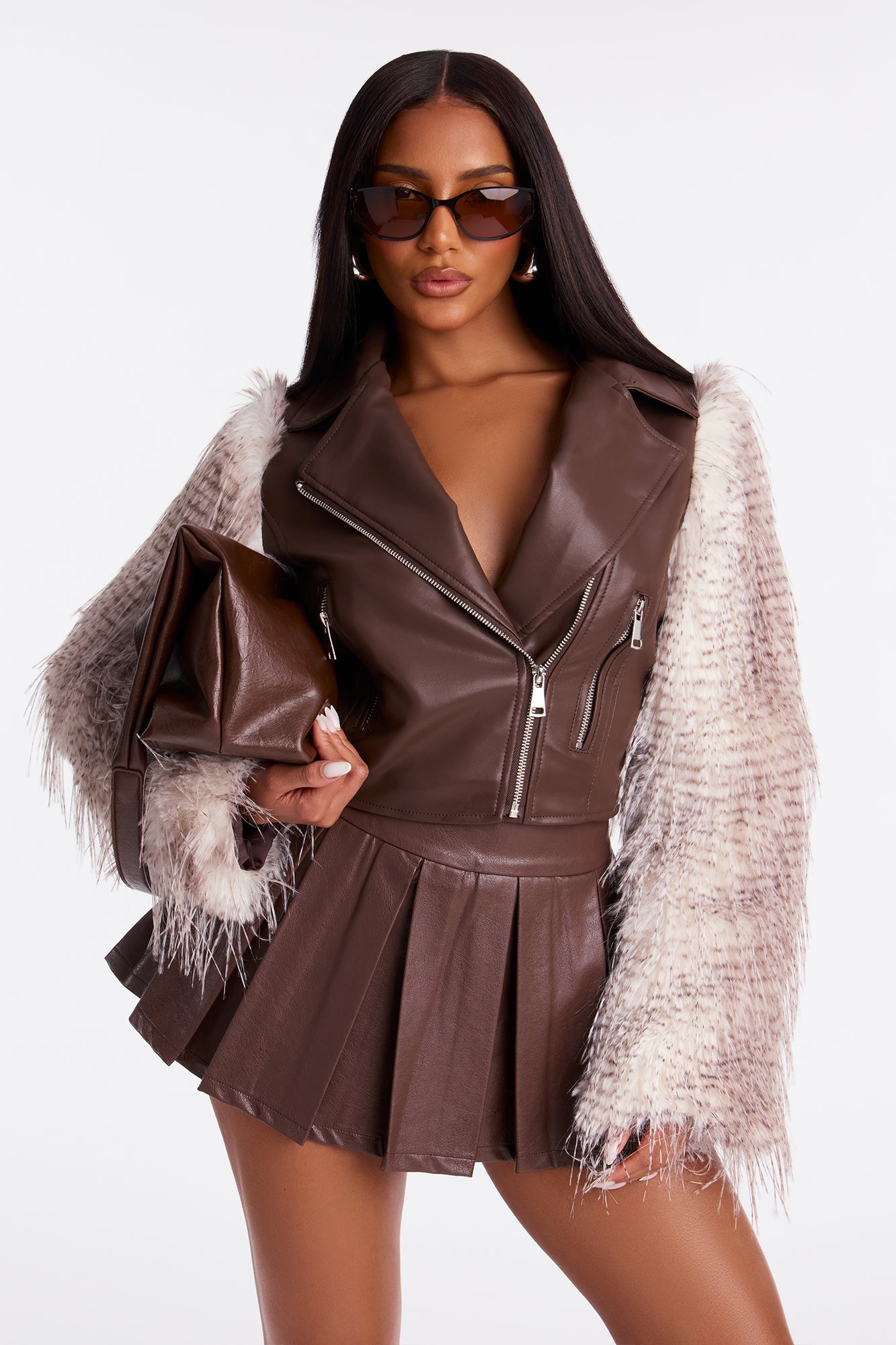 Wild Thing Cropped Fur Sleeve Moto Jacket - Brown