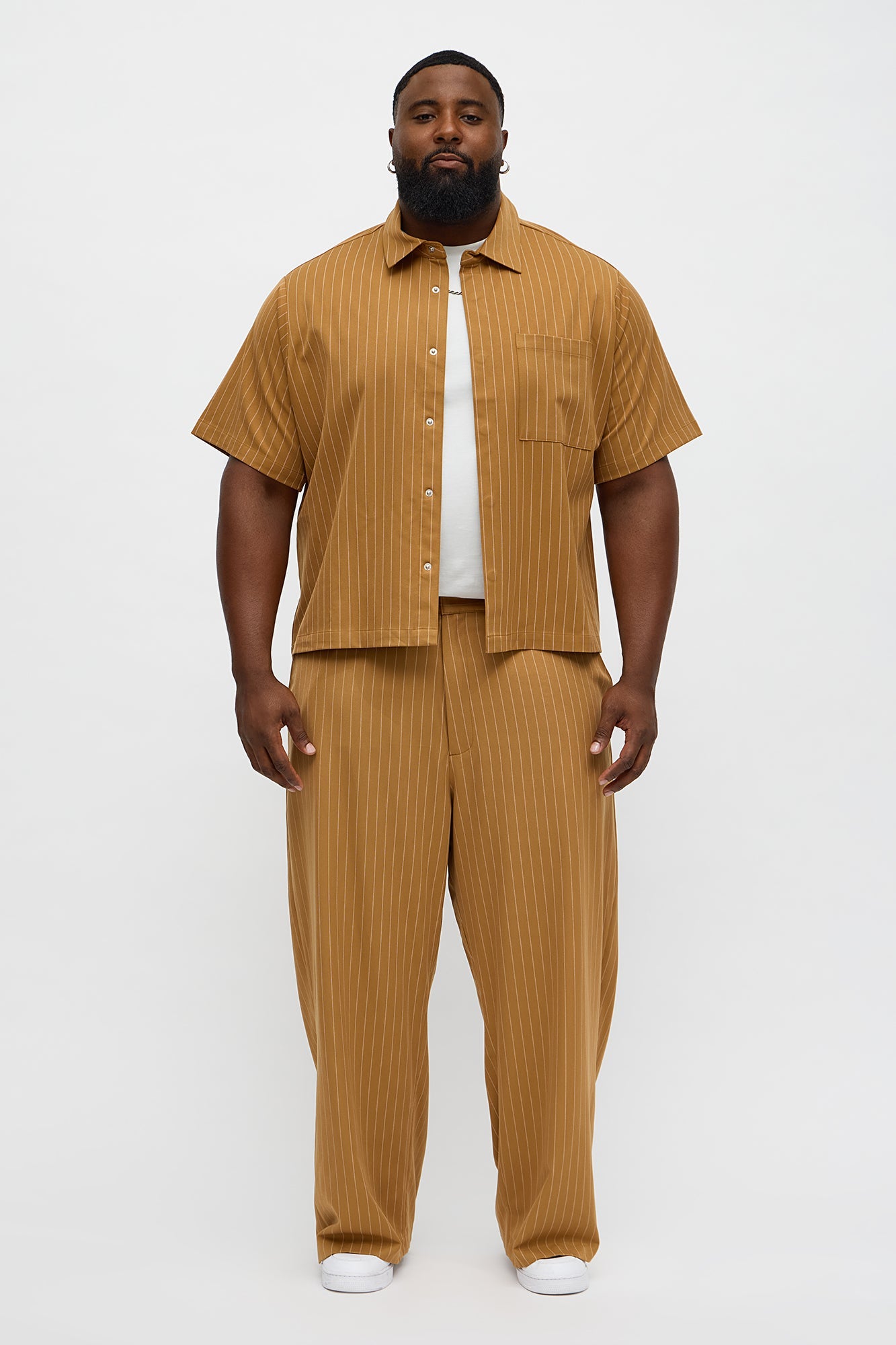 Cropped Short Sleeve Straight Striped Button Up Shirt - Yellow