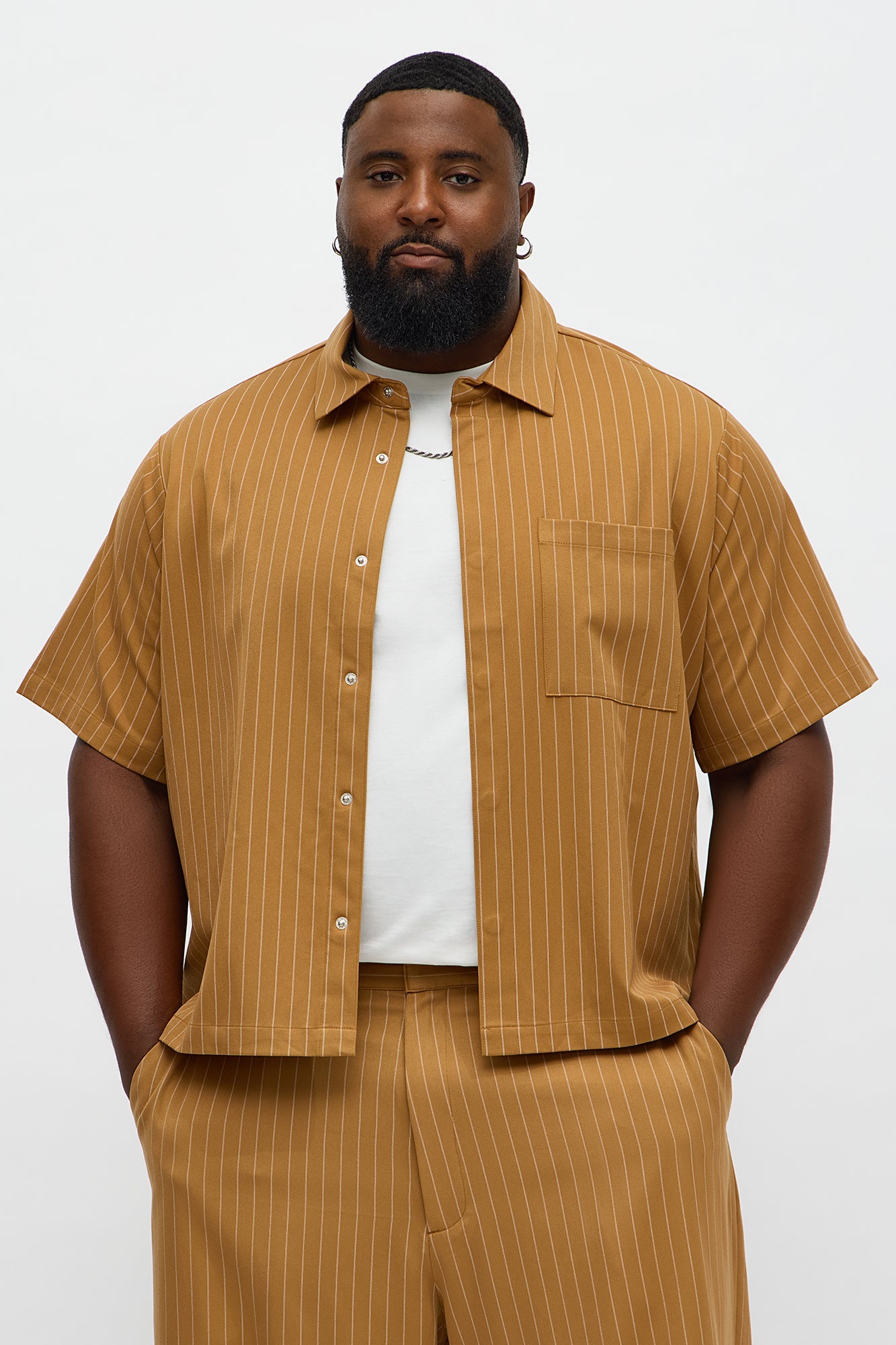 Cropped Short Sleeve Straight Striped Button Up Shirt - Yellow
