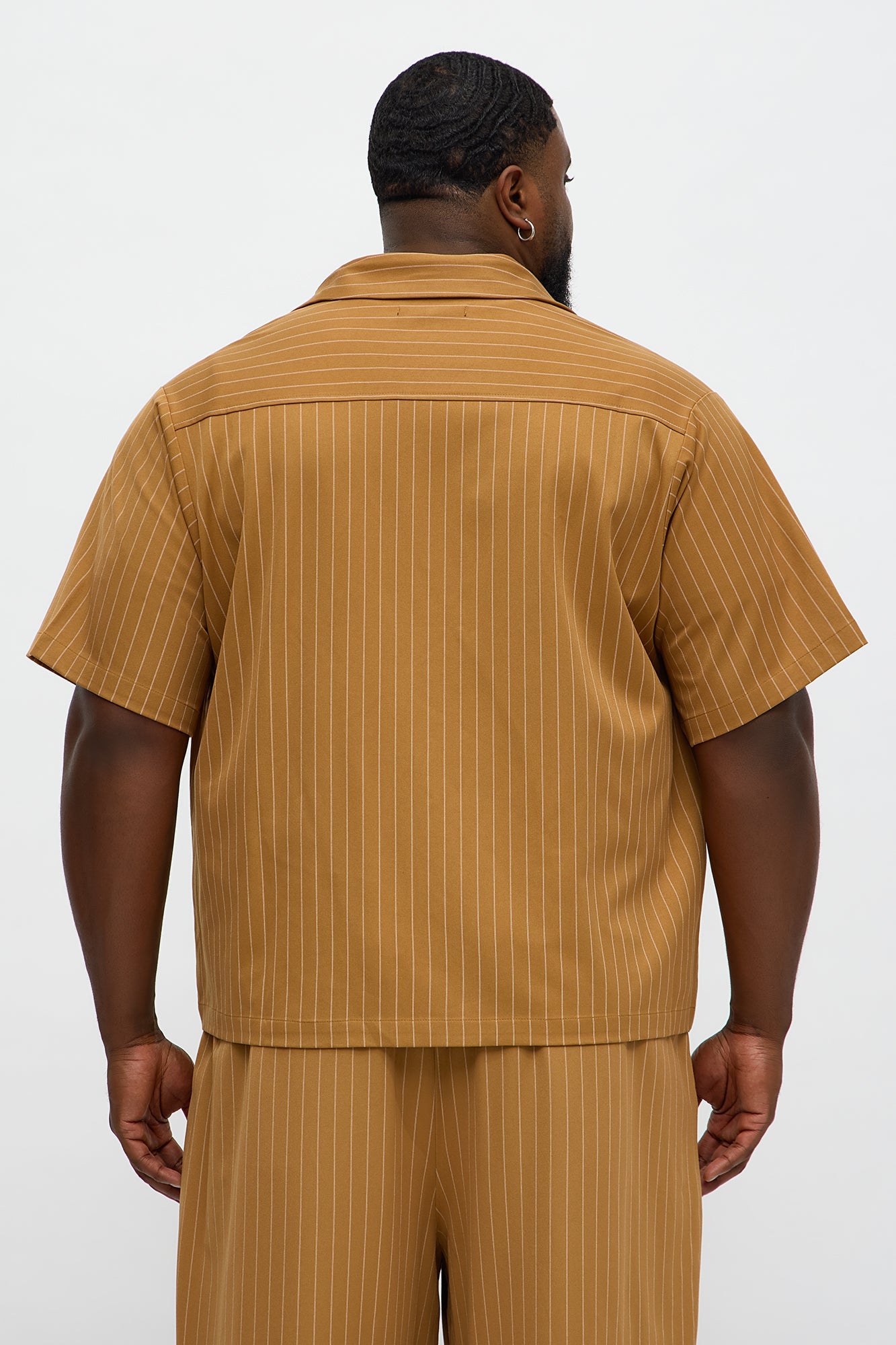 Cropped Short Sleeve Straight Striped Button Up Shirt - Yellow