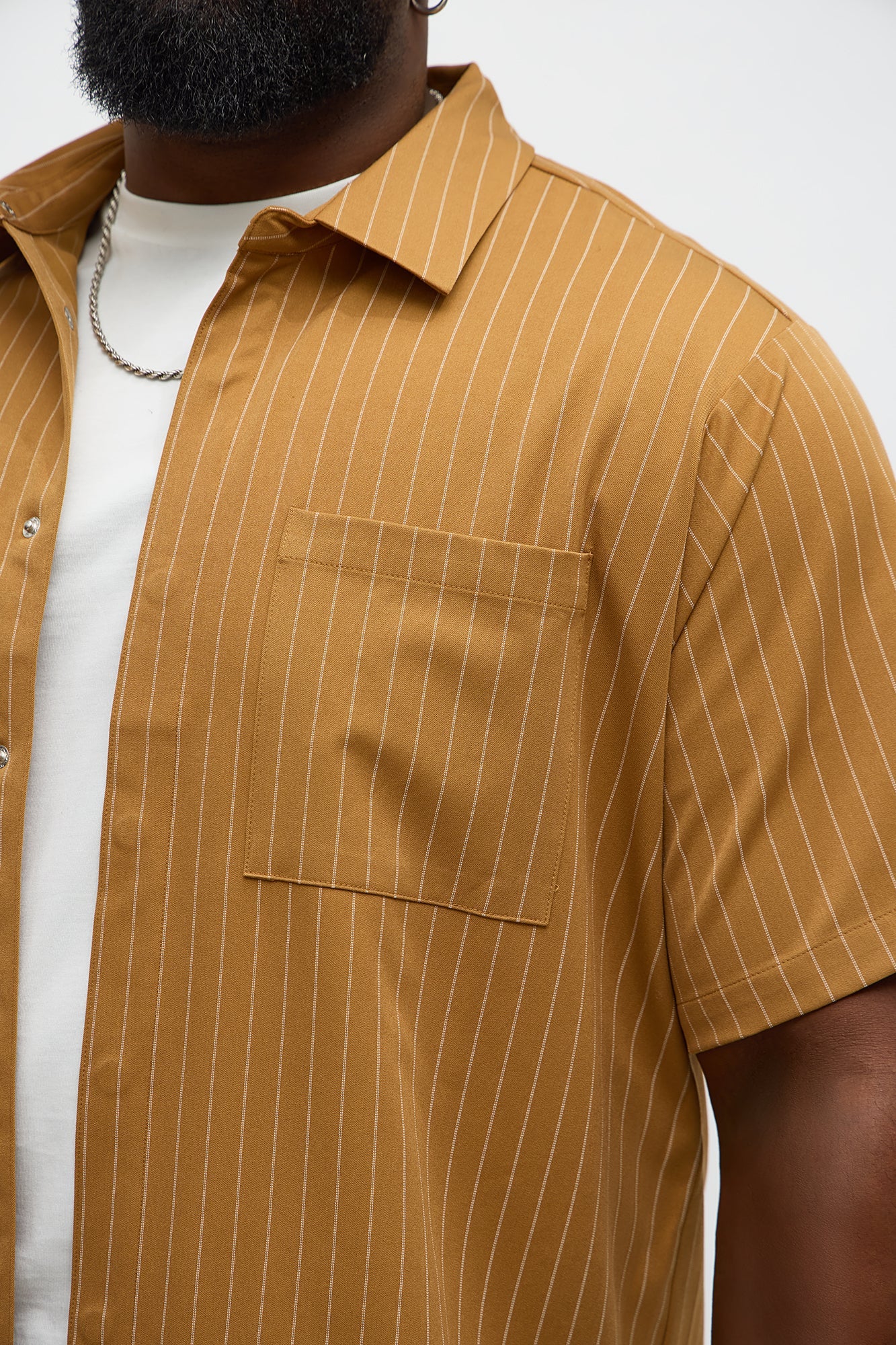 Cropped Short Sleeve Straight Striped Button Up Shirt - Yellow