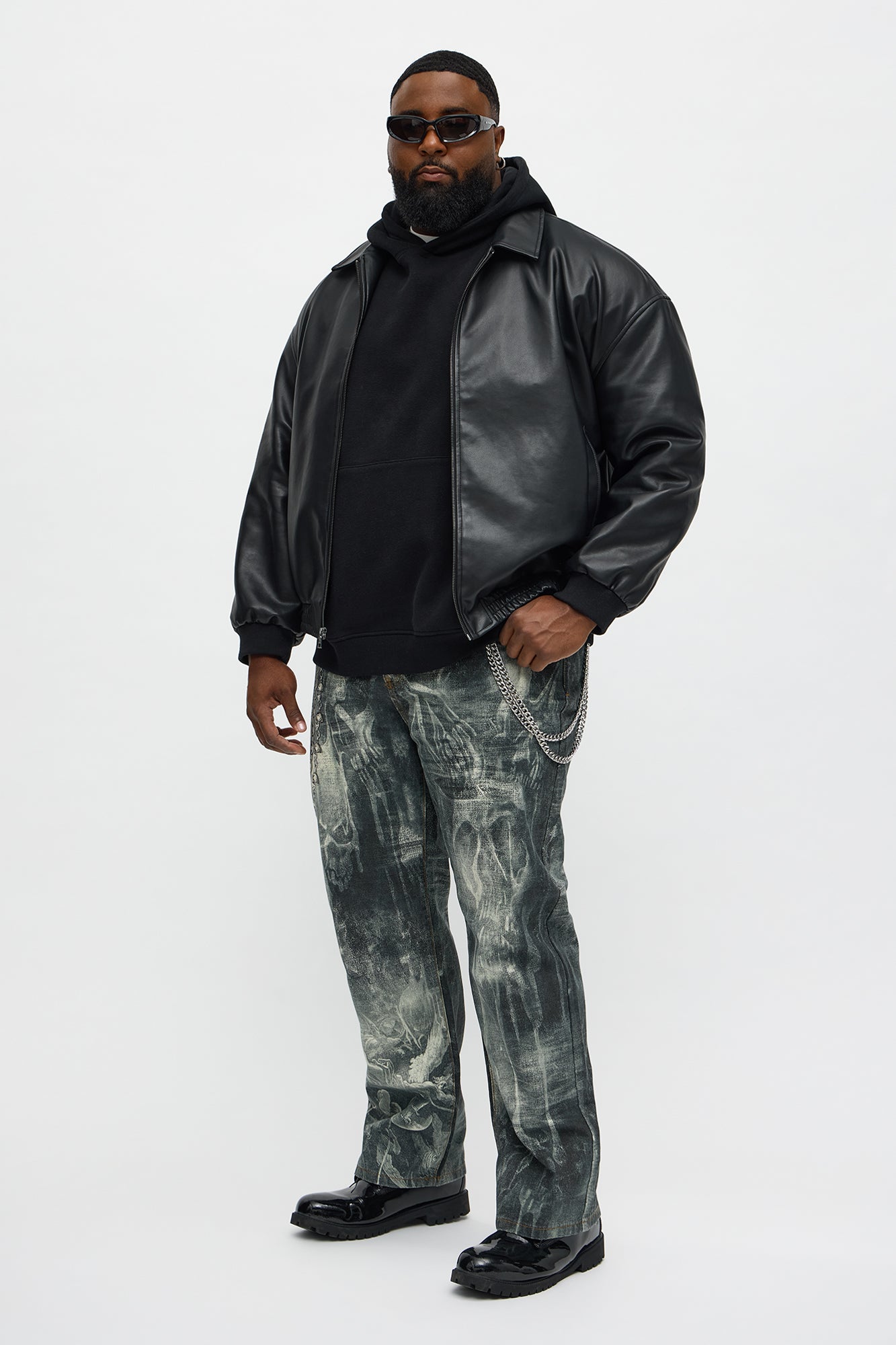 Baggy Skulls And Chains Printed Jean - Black Wash