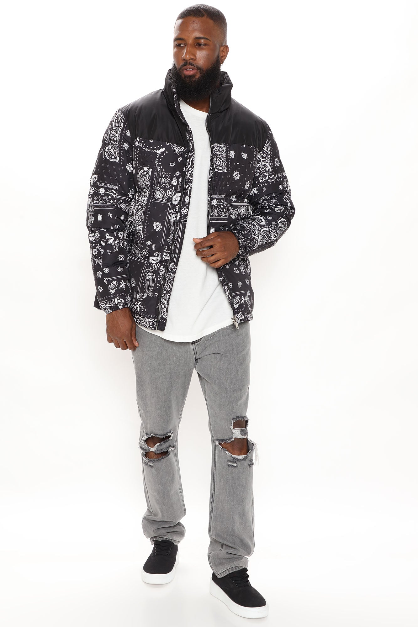 Paisley Puffer Jacket - Black