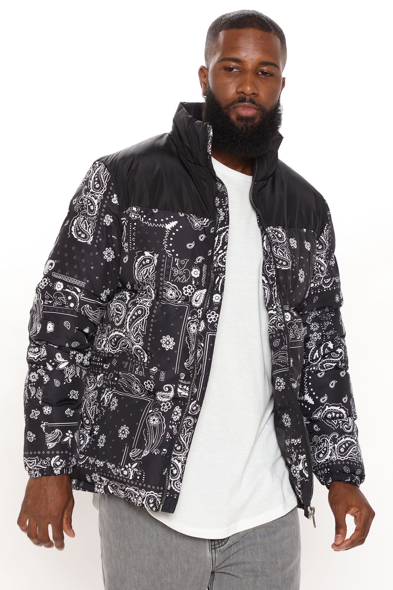 Paisley Puffer Jacket - Black