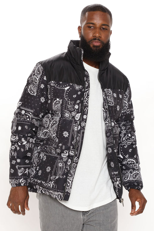Paisley Puffer Jacket - Black