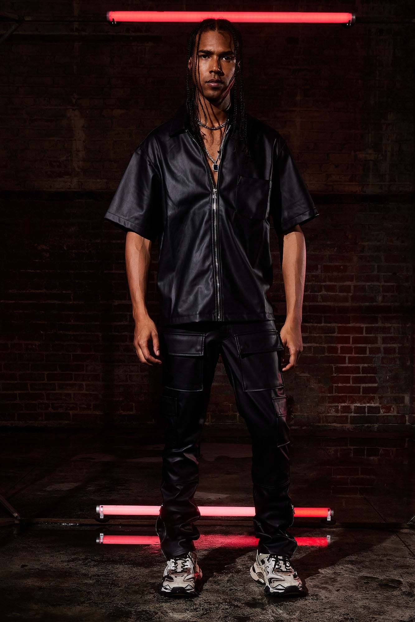 Zip It Faux Leather Slim Cargo Pants - Black