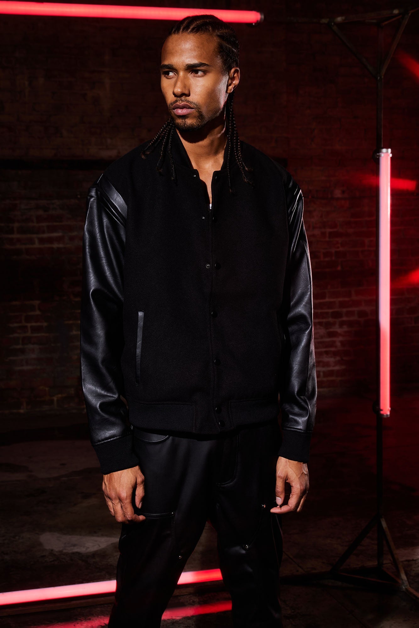 Shoulder Varsity Jacket - Black/Black