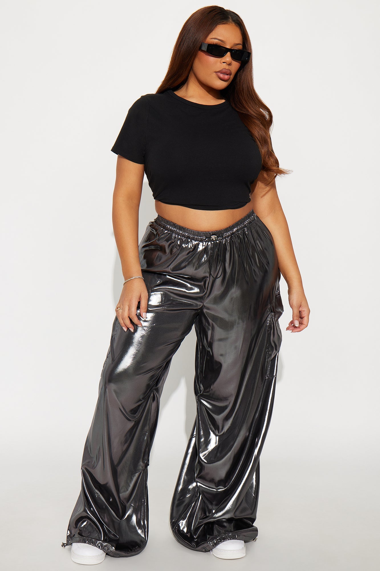 Roxie Metallic Wide Leg Cargo Pants 30″ - Gunmetal