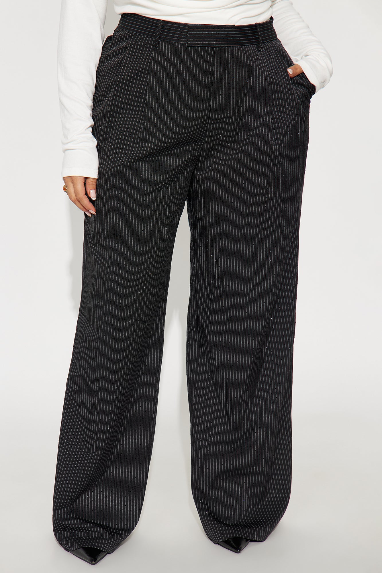 Office Glow Rhinestone Pinstripe Trouser Pant 32″ - Black