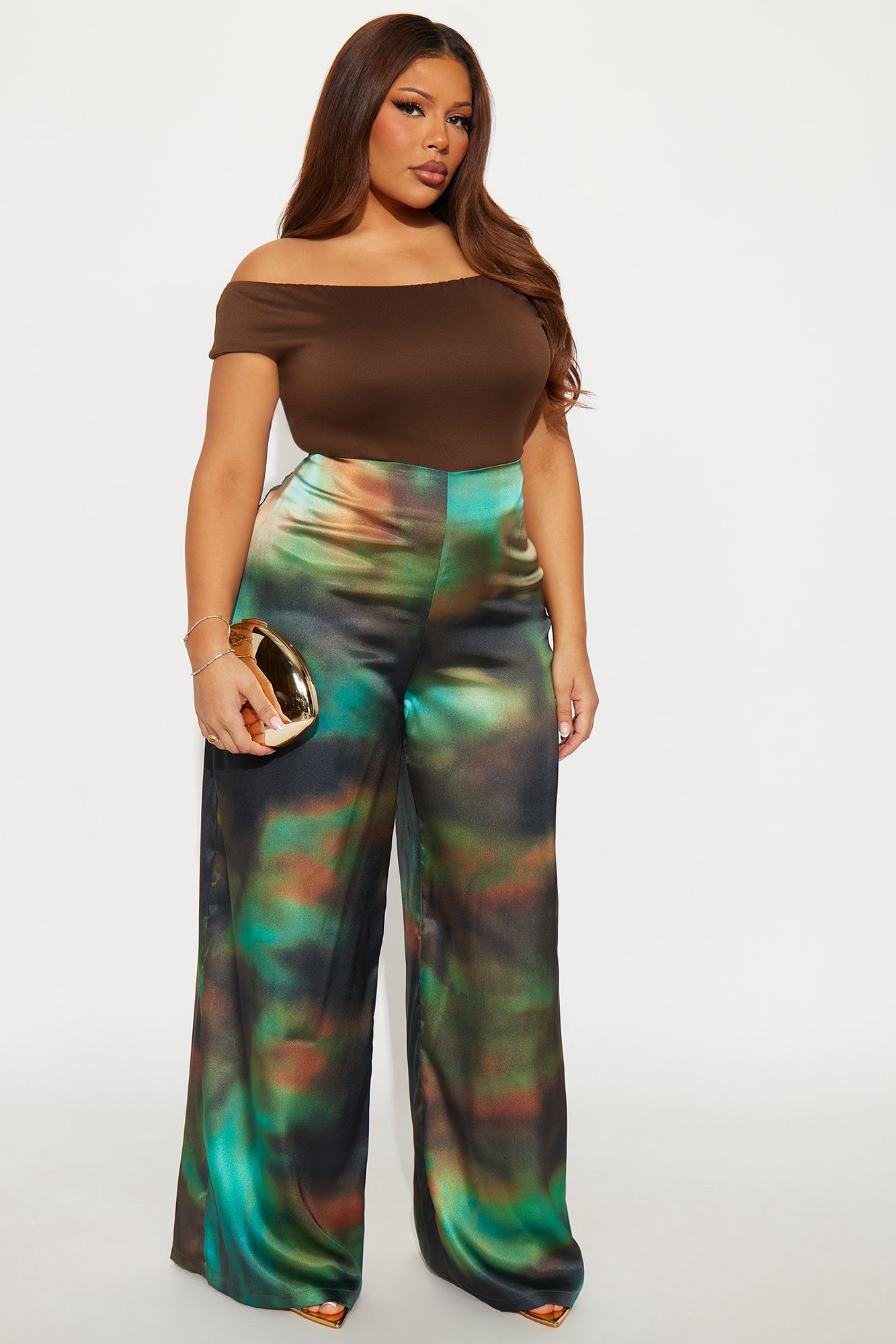 Keep A Secret Abstract Satin Wide Leg Pant 33 - Green/combo