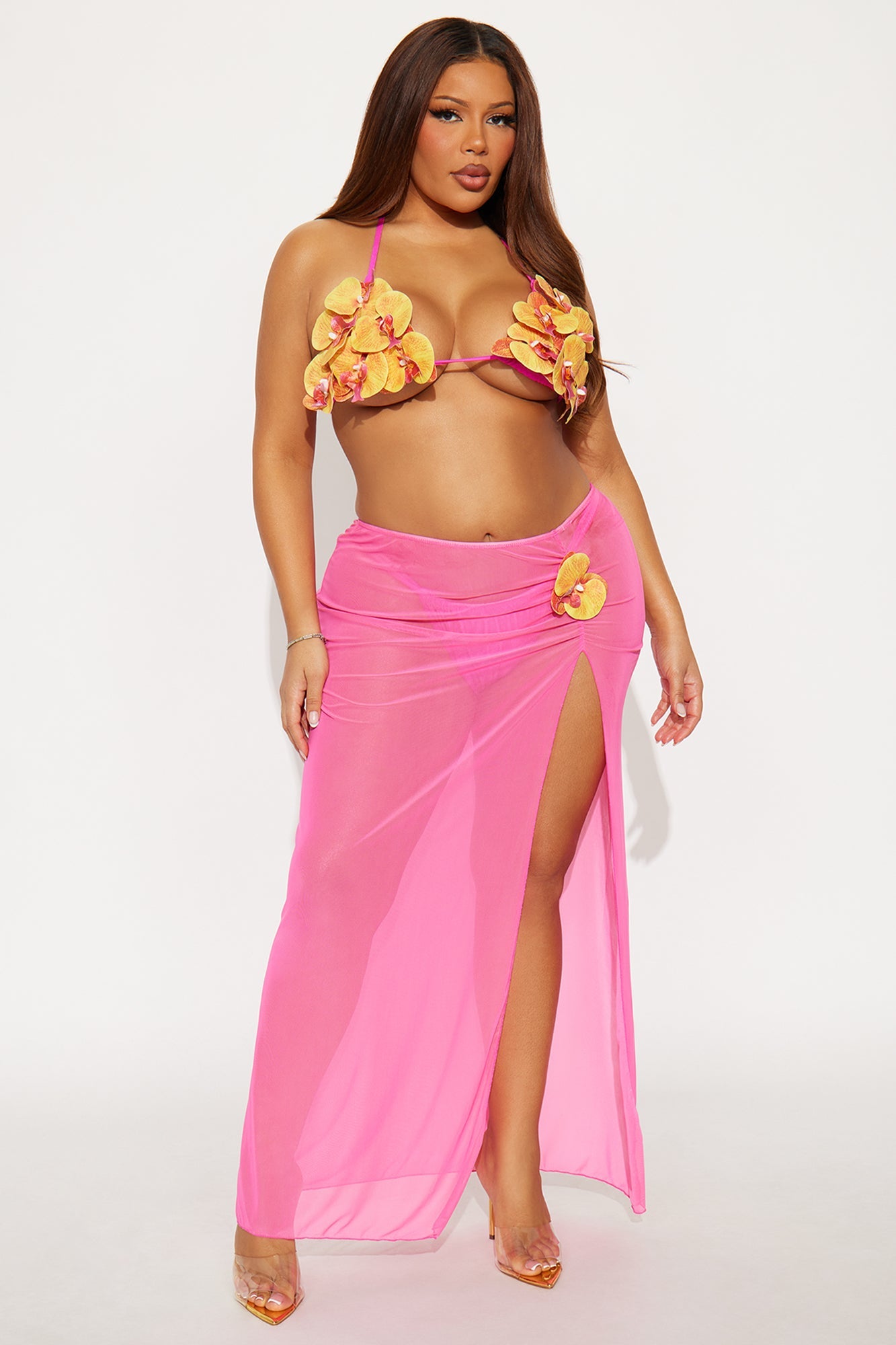 Paradise Orchid Flowers 3 Piece Bikini & Skirt Set - Pink/combo
