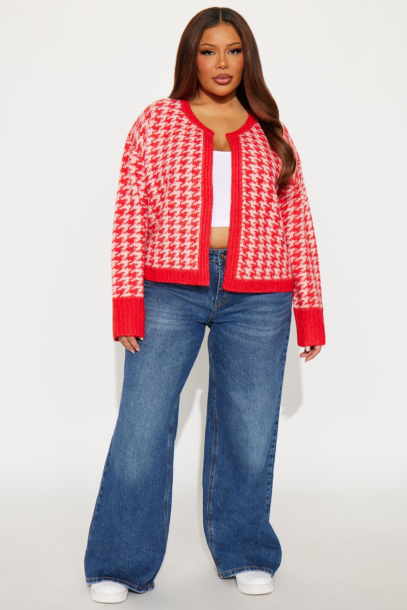 True Desires Houndstooth Cardigan - Red/combo