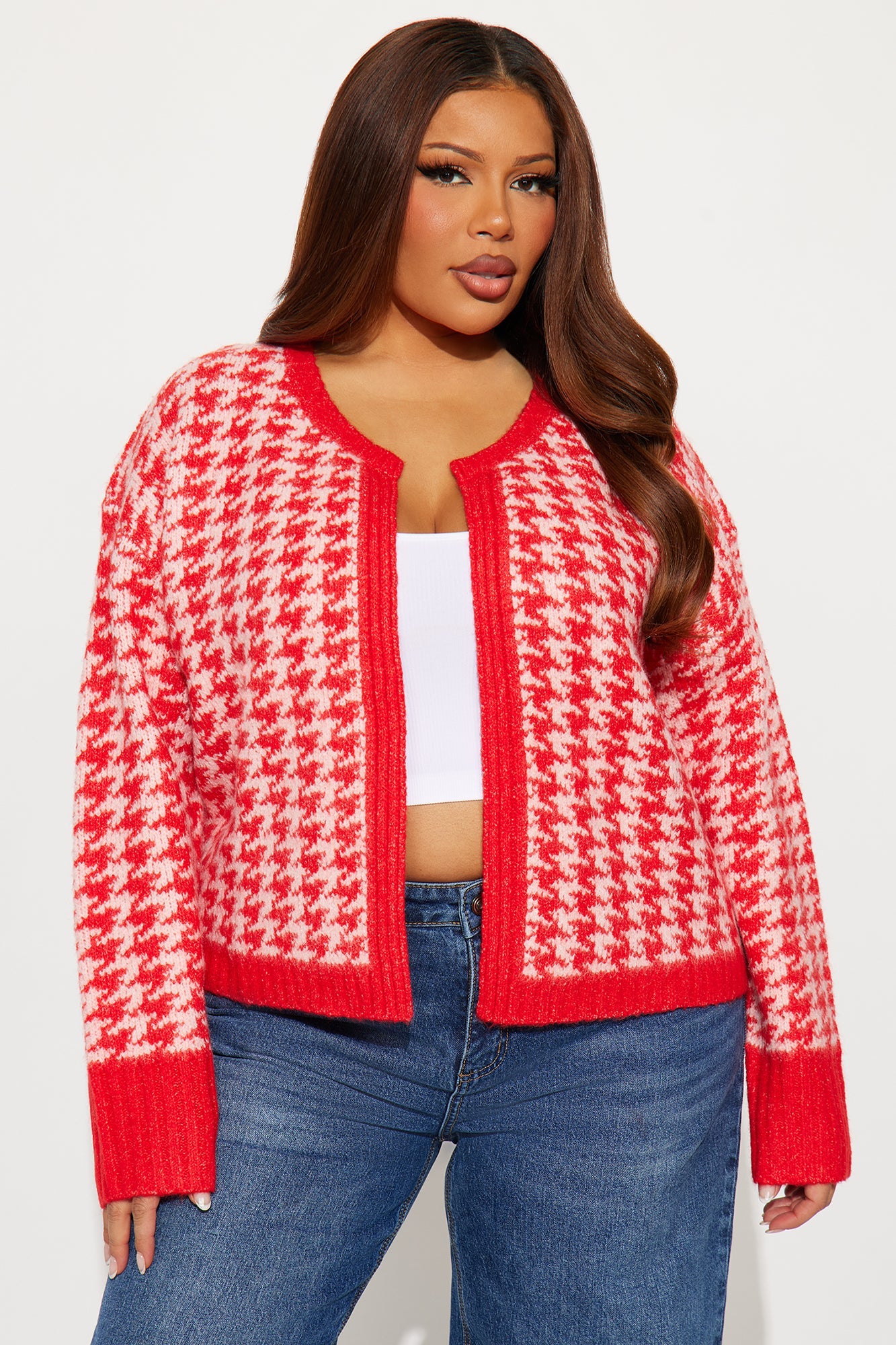 True Desires Houndstooth Cardigan - Red/combo