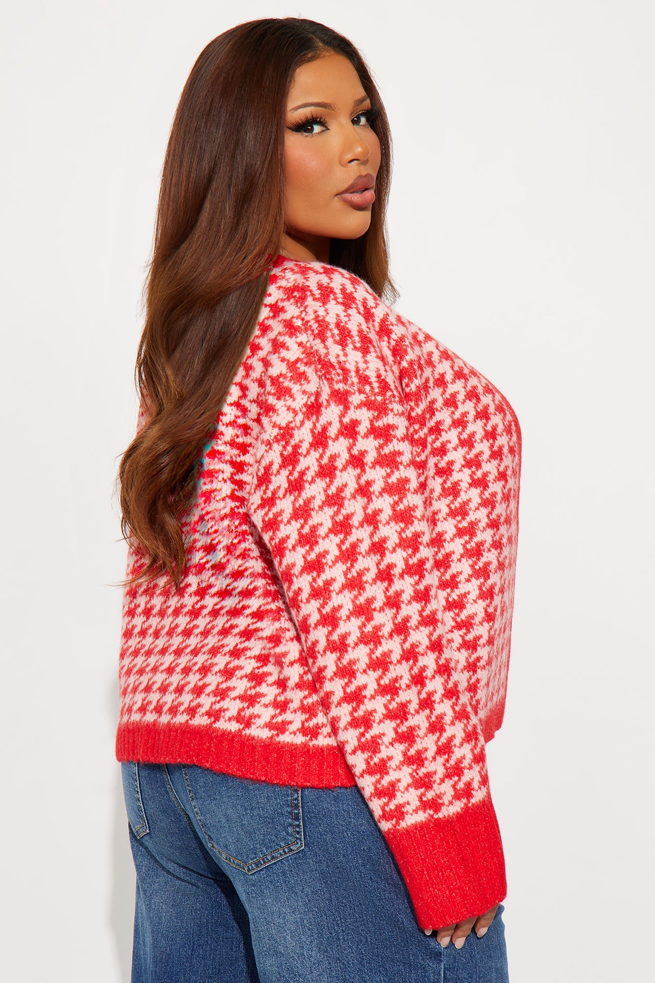 True Desires Houndstooth Cardigan - Red/combo
