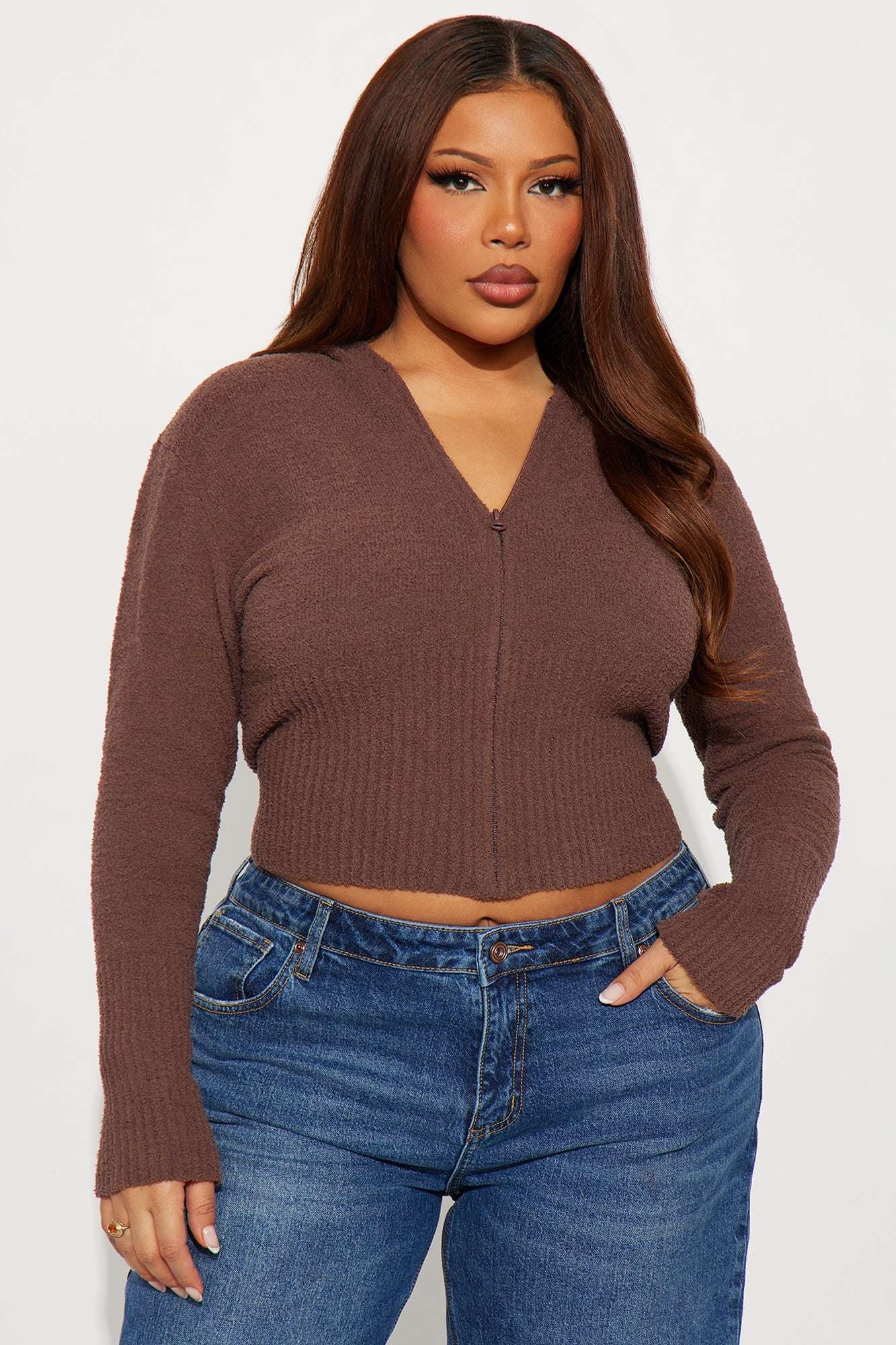 Pillow Talk Zip Front Ribbed Cardigan Sweater - Brown