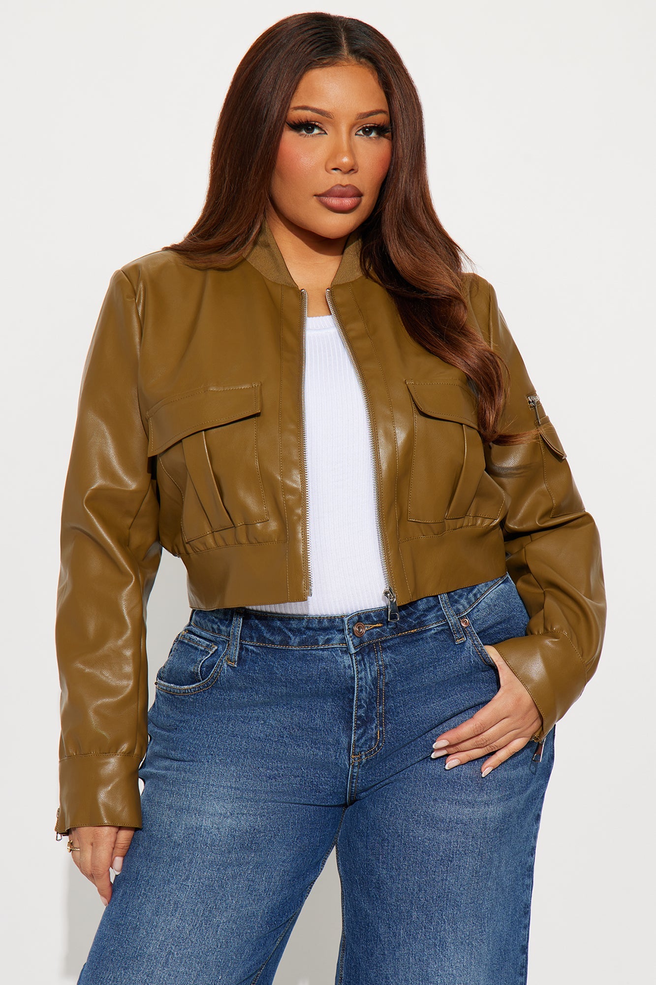New Rules Cropped Faux Leather Cargo Jacket - Olive