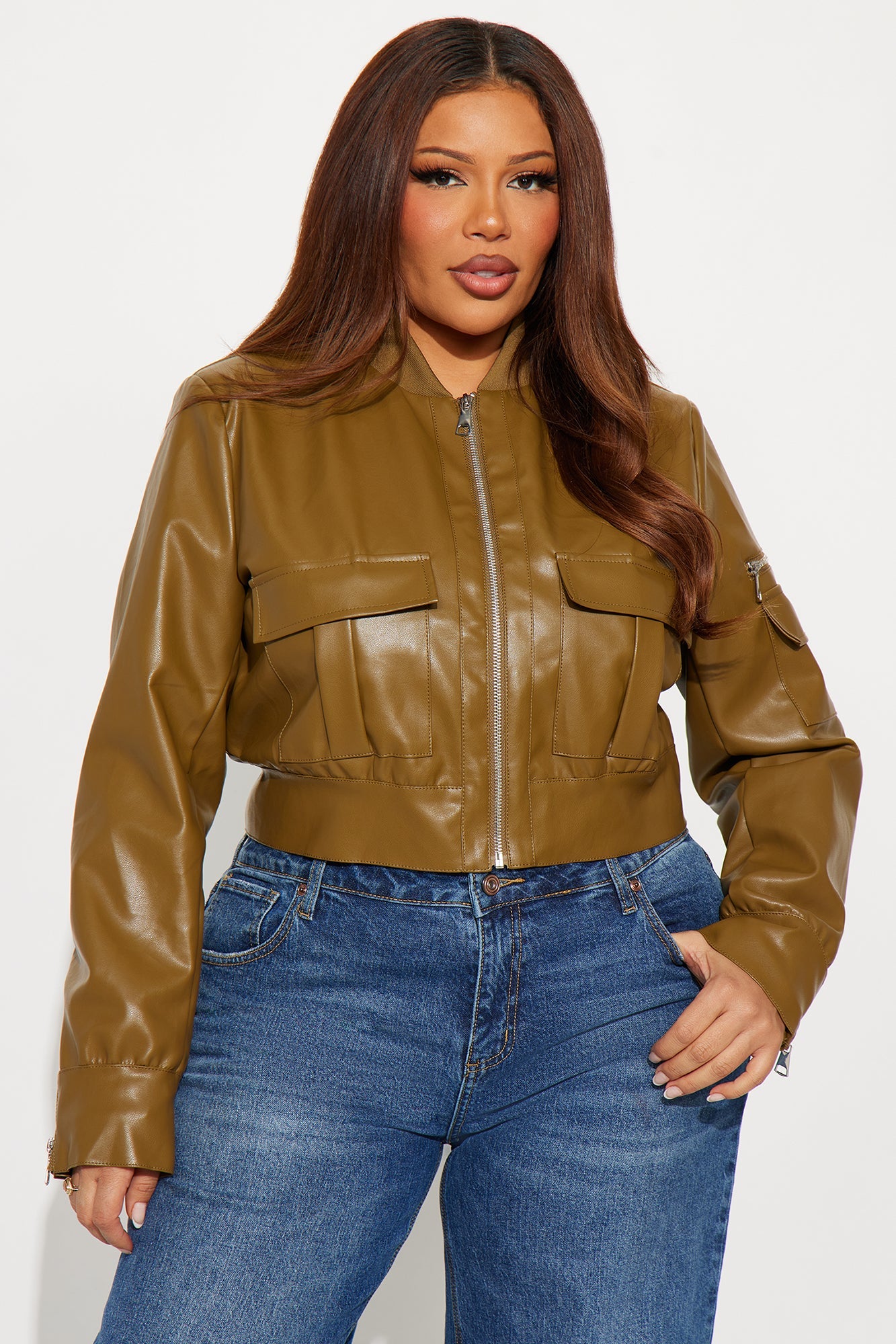 New Rules Cropped Faux Leather Cargo Jacket - Olive