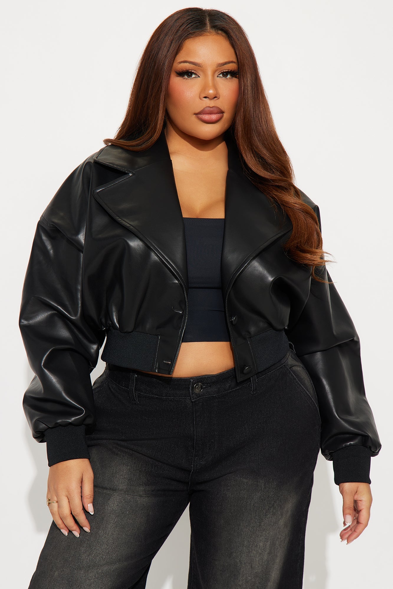 Janet Cropped Faux Leather Moto Jacket - Black