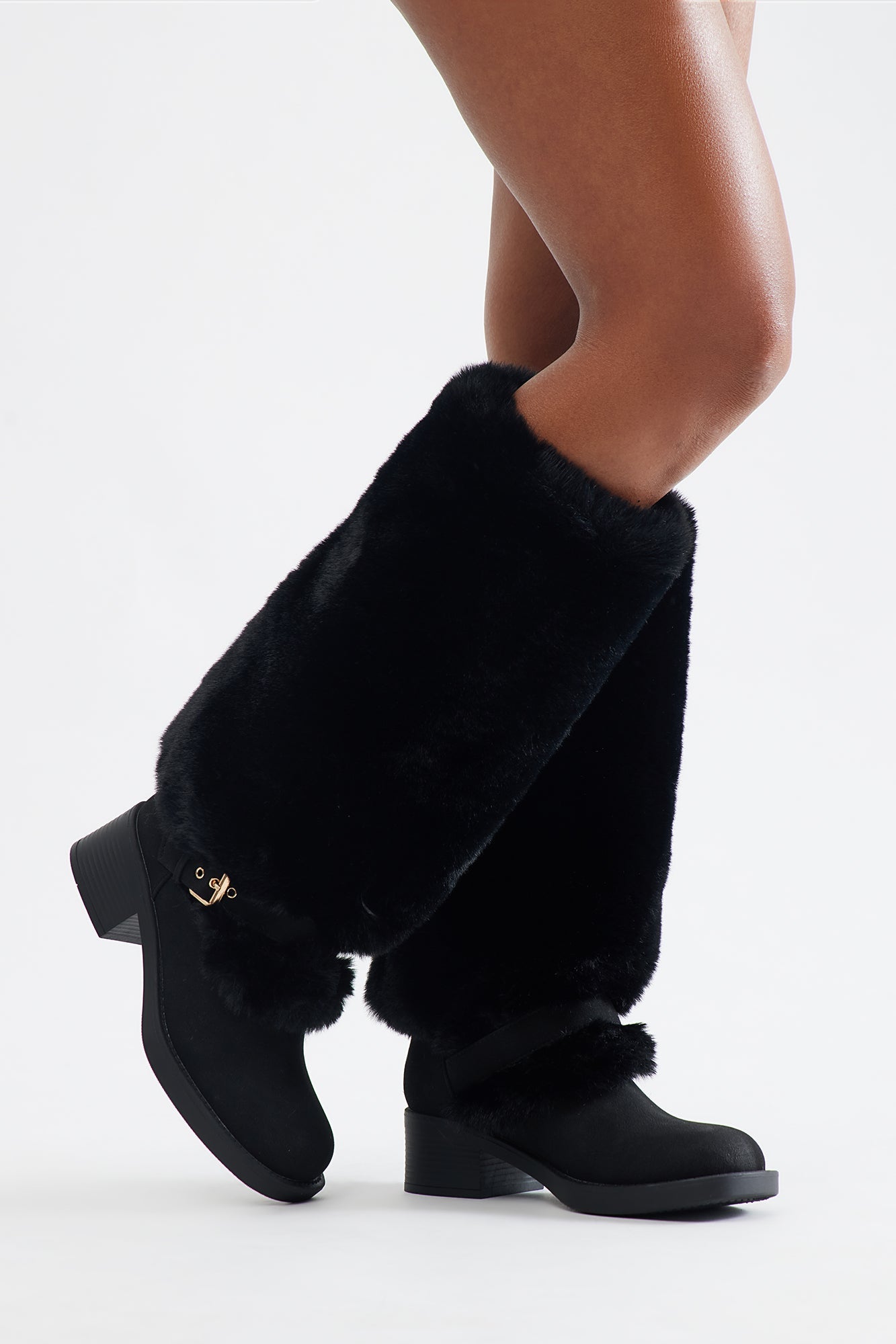 Indira Buckle Faux Fur Boots - Black