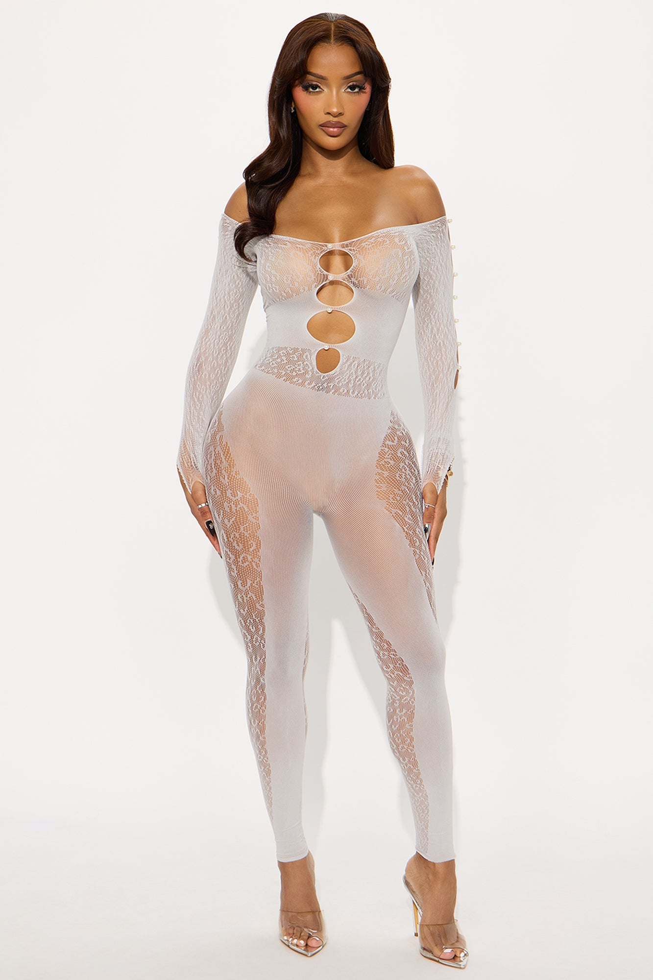 Pretty In Sheer Pearl Off Shoulder Bodystocking - Nude