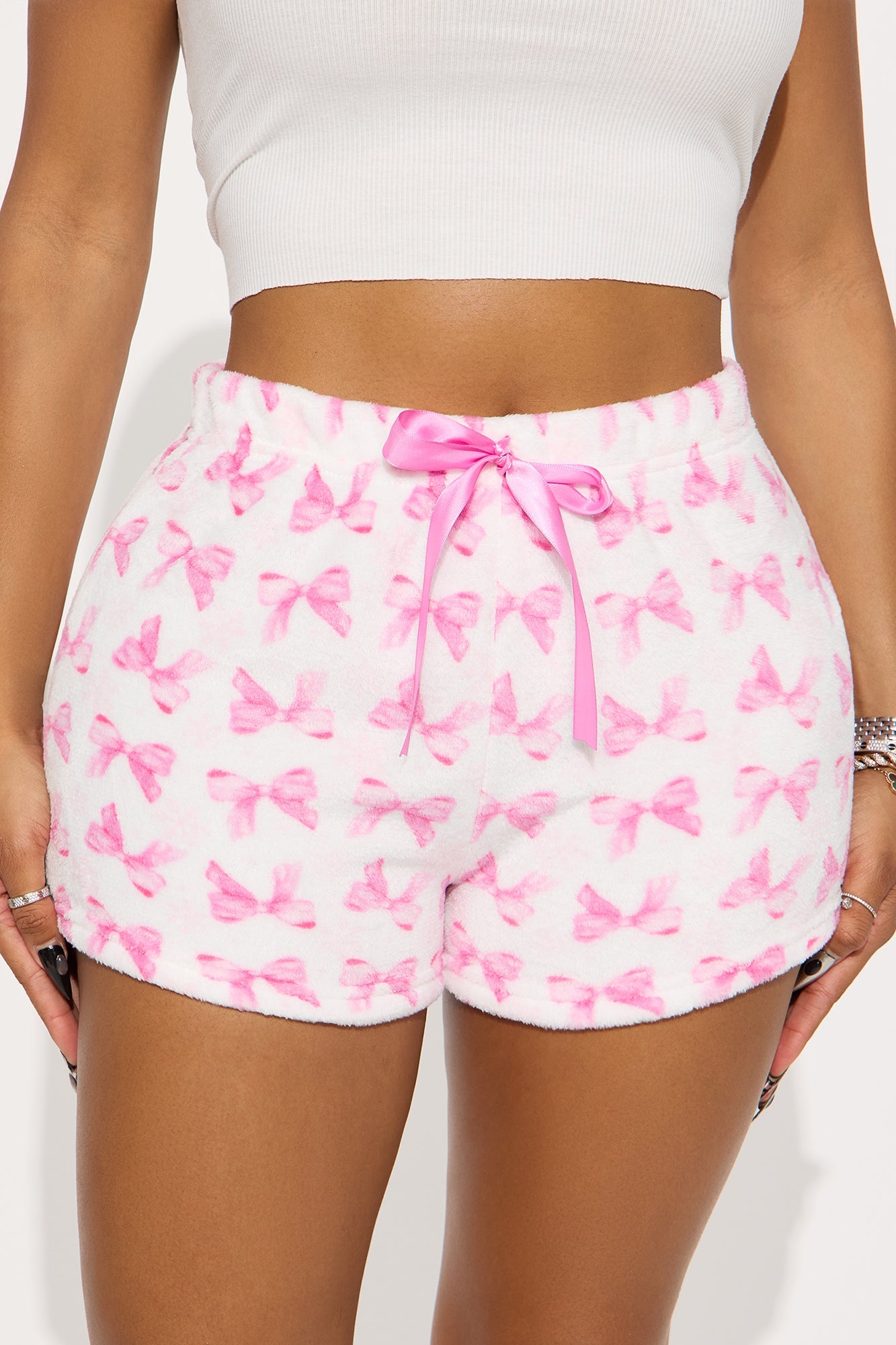 Wrapped In A Bow Plush PJ Shorts - White/Pink