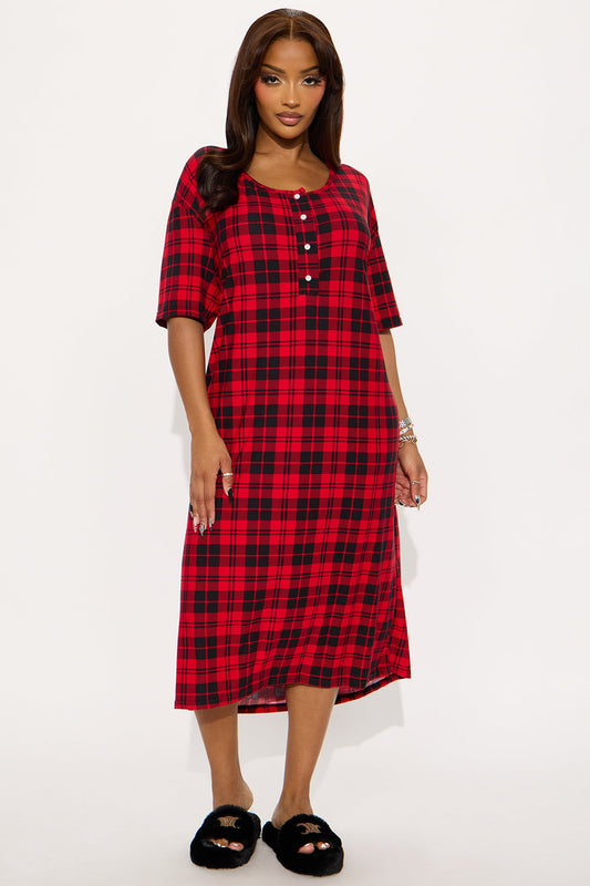 Time To Snooze Oversized Henley PJ Sleep Shirt - Red/Black