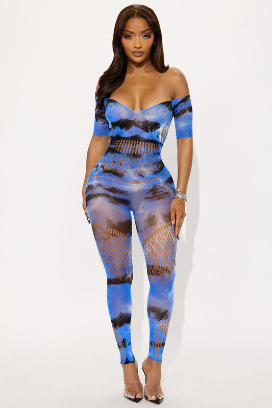 Yvette Sheer Cut Out Bodystocking - Blue/combo