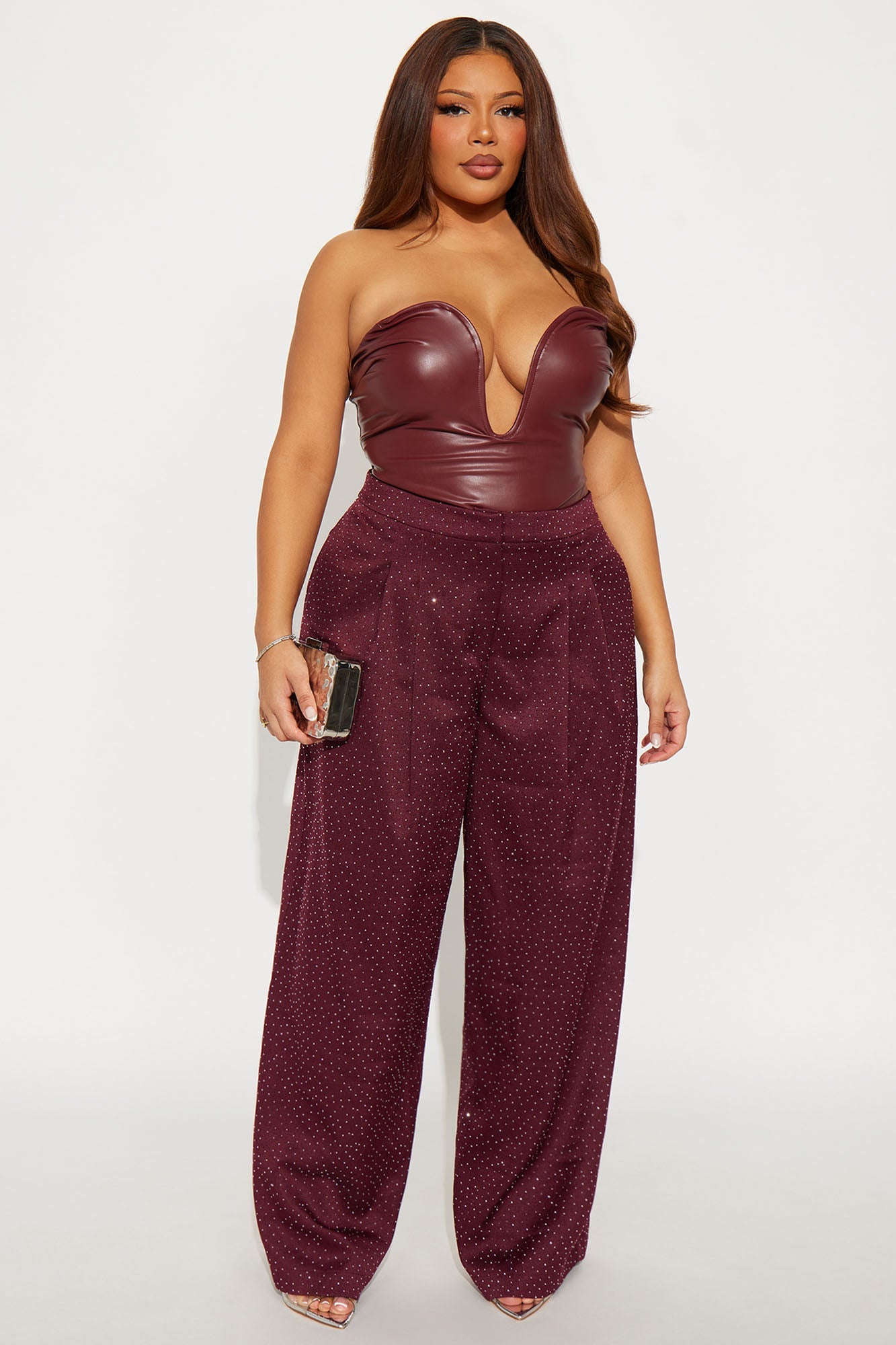 Eyes On Me Rhinestone Wide Leg Pant 32″ - Wine
