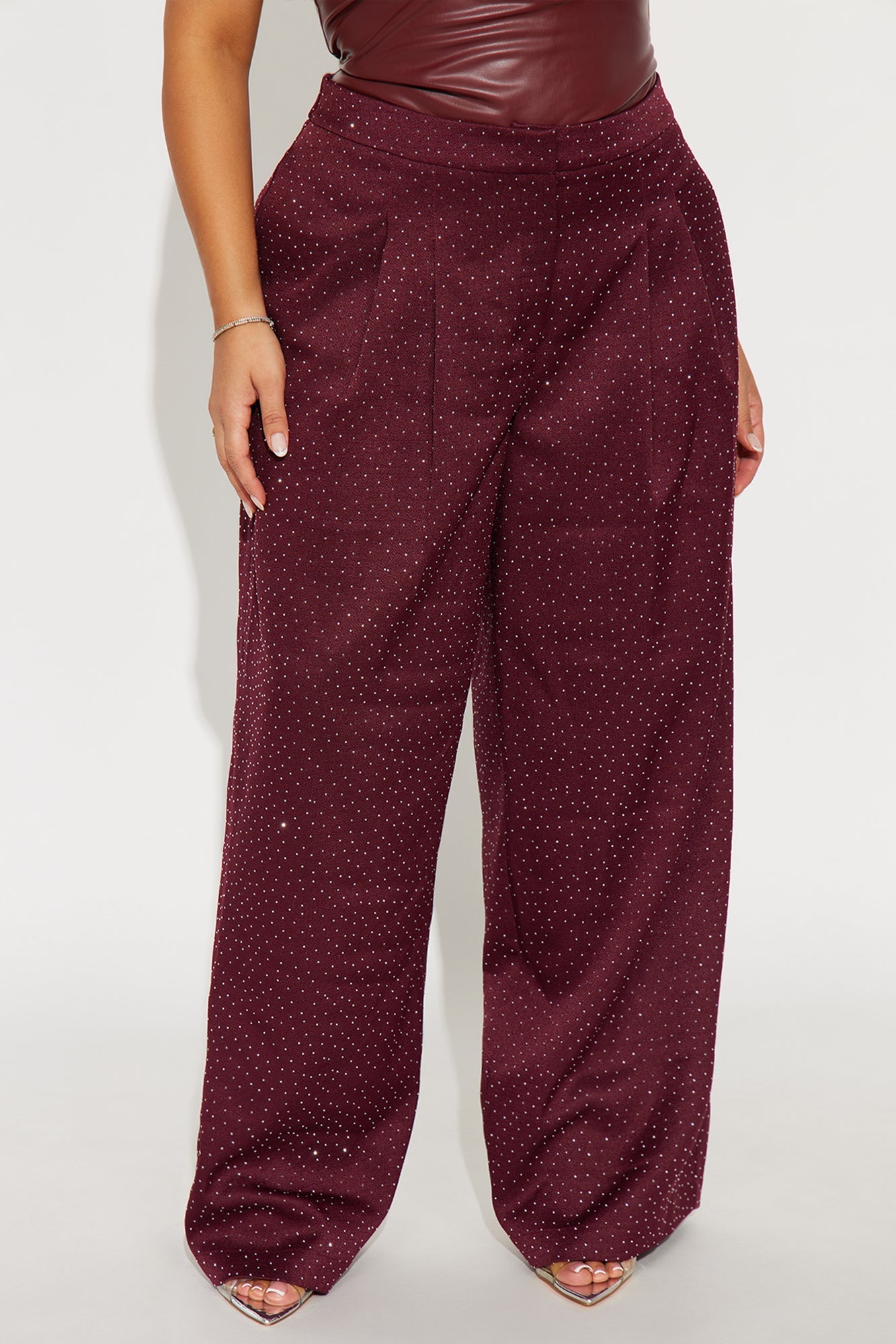 Eyes On Me Rhinestone Wide Leg Pant 32″ - Wine