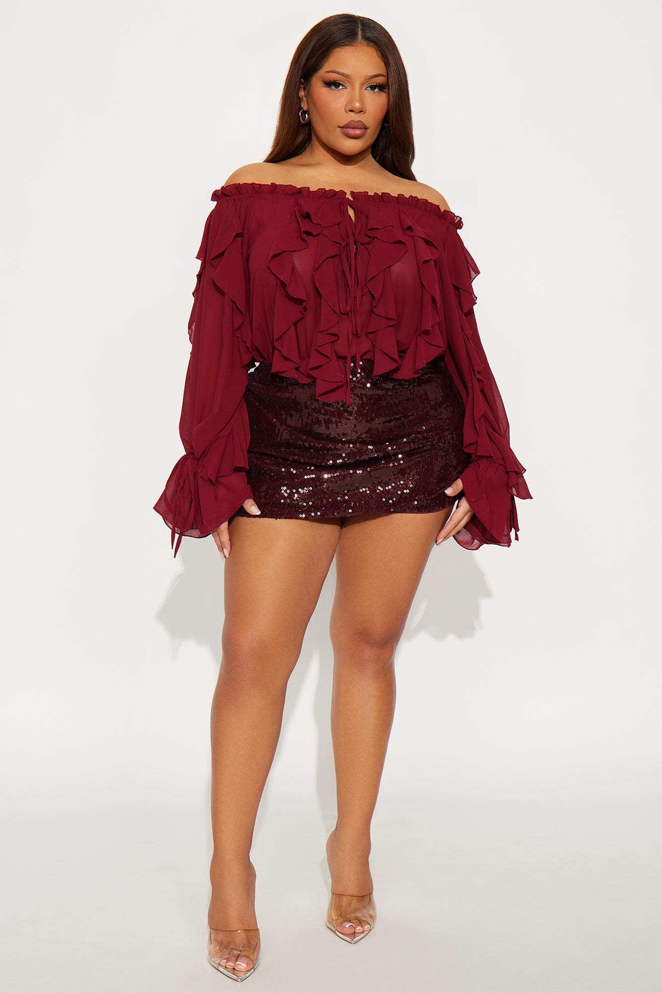 Adriana Ruched Sequin Mini Skirt - Burgundy