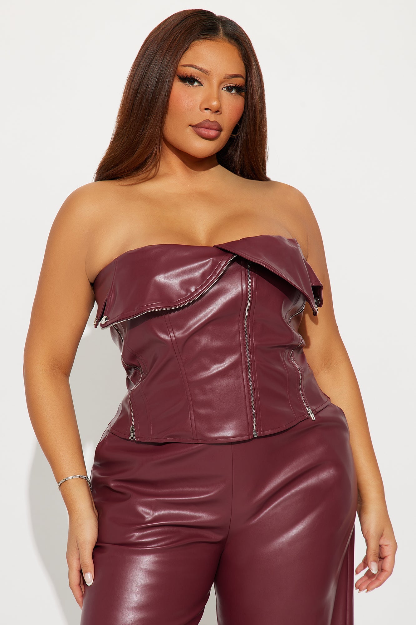 Zip Me Up Faux Leather Pant Set - Burgundy