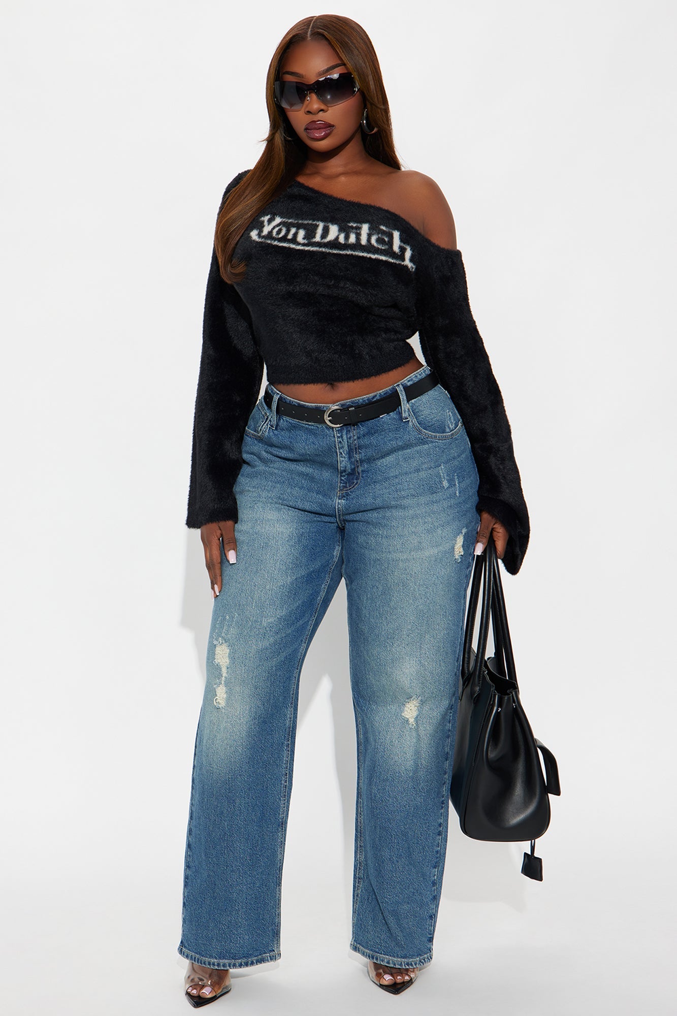 Von Dutch Fuzzy One Shoulder Top - Black