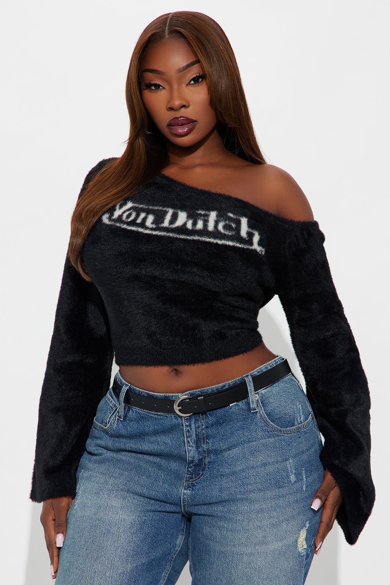 Von Dutch Fuzzy One Shoulder Top - Black