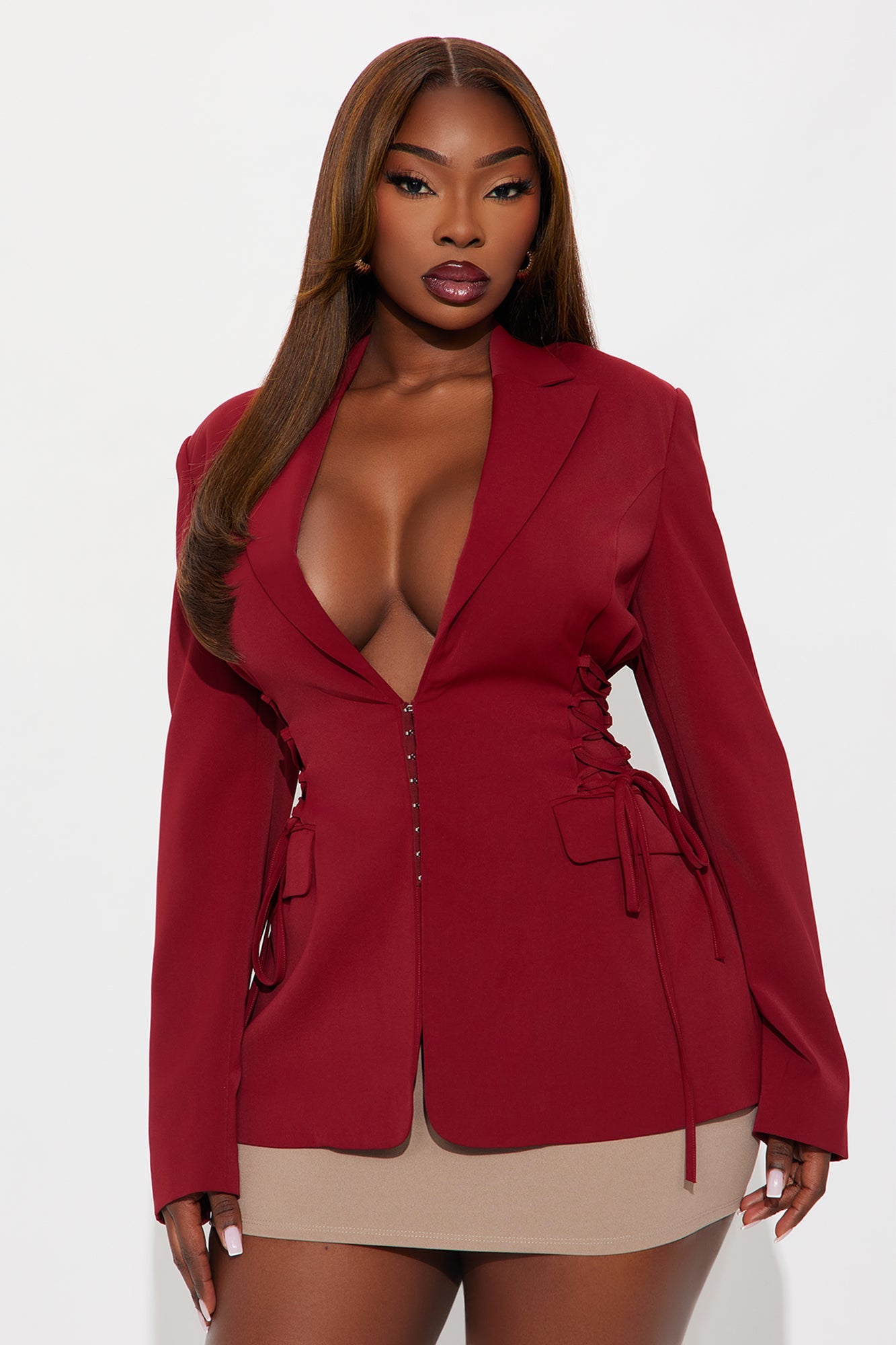 Cheyenne Crepe Woven Lace Up Blazer - Burgundy