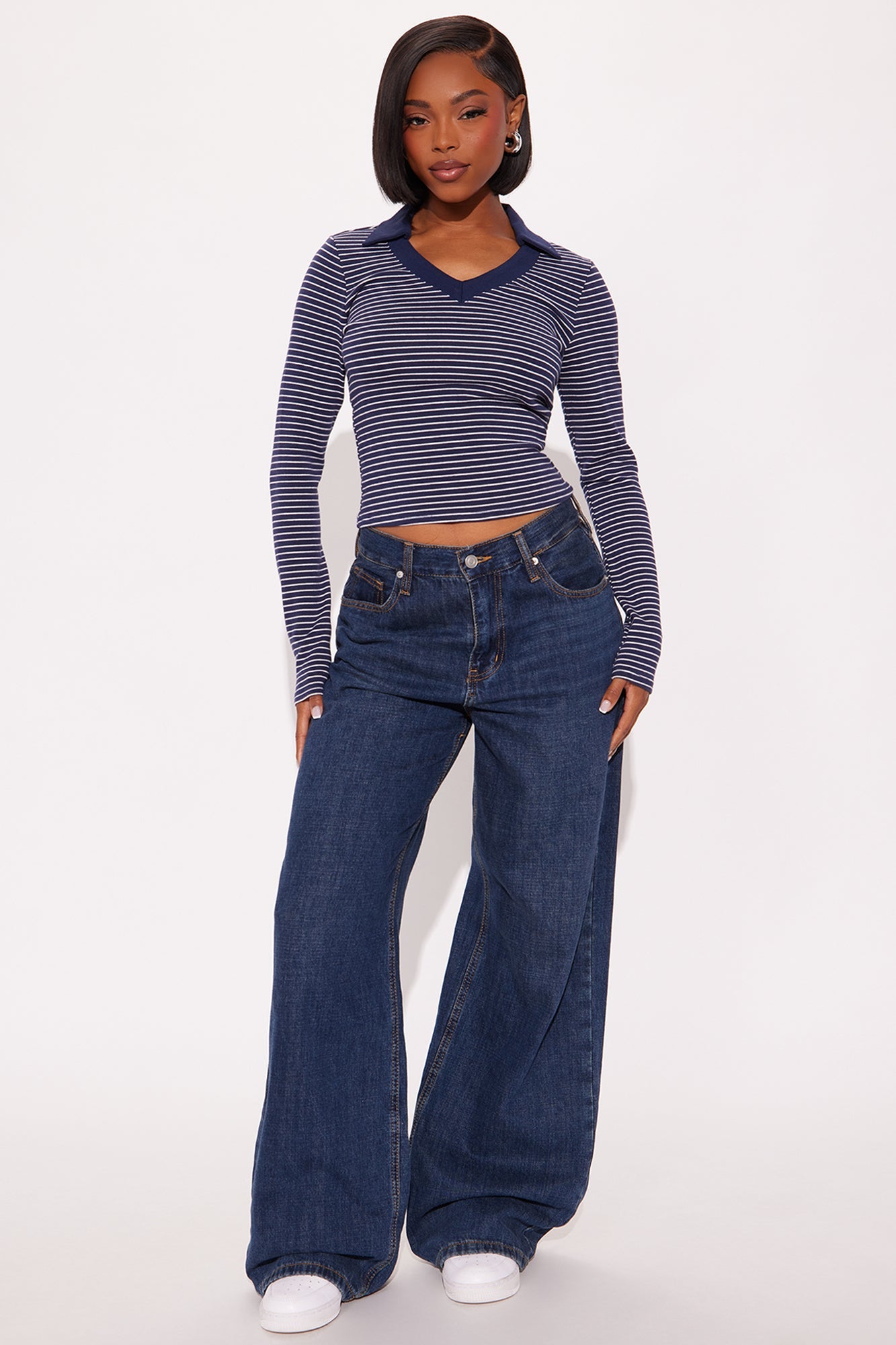 Cassandra Striped Long Sleeve Top - Navy