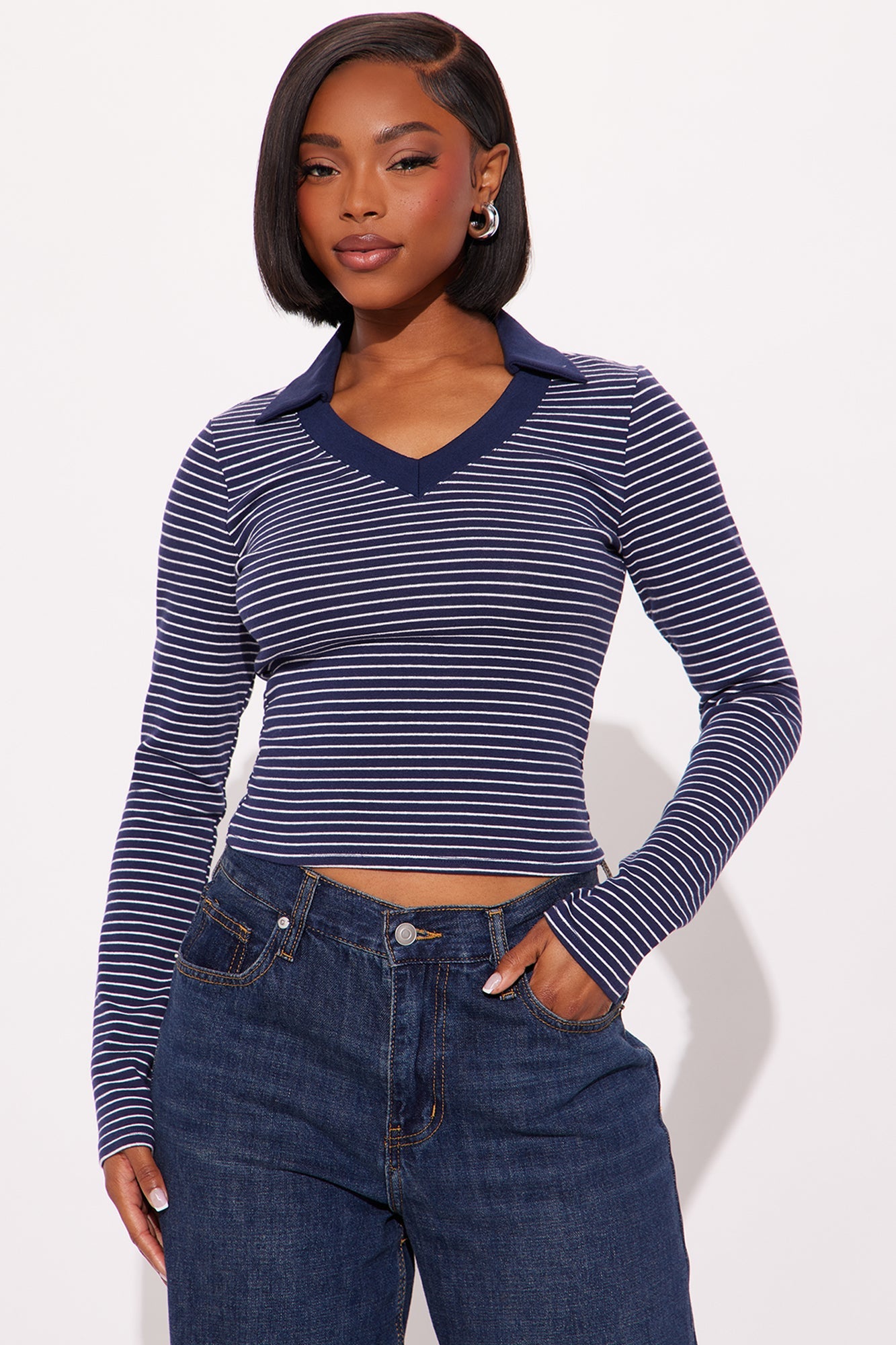 Cassandra Striped Long Sleeve Top - Navy