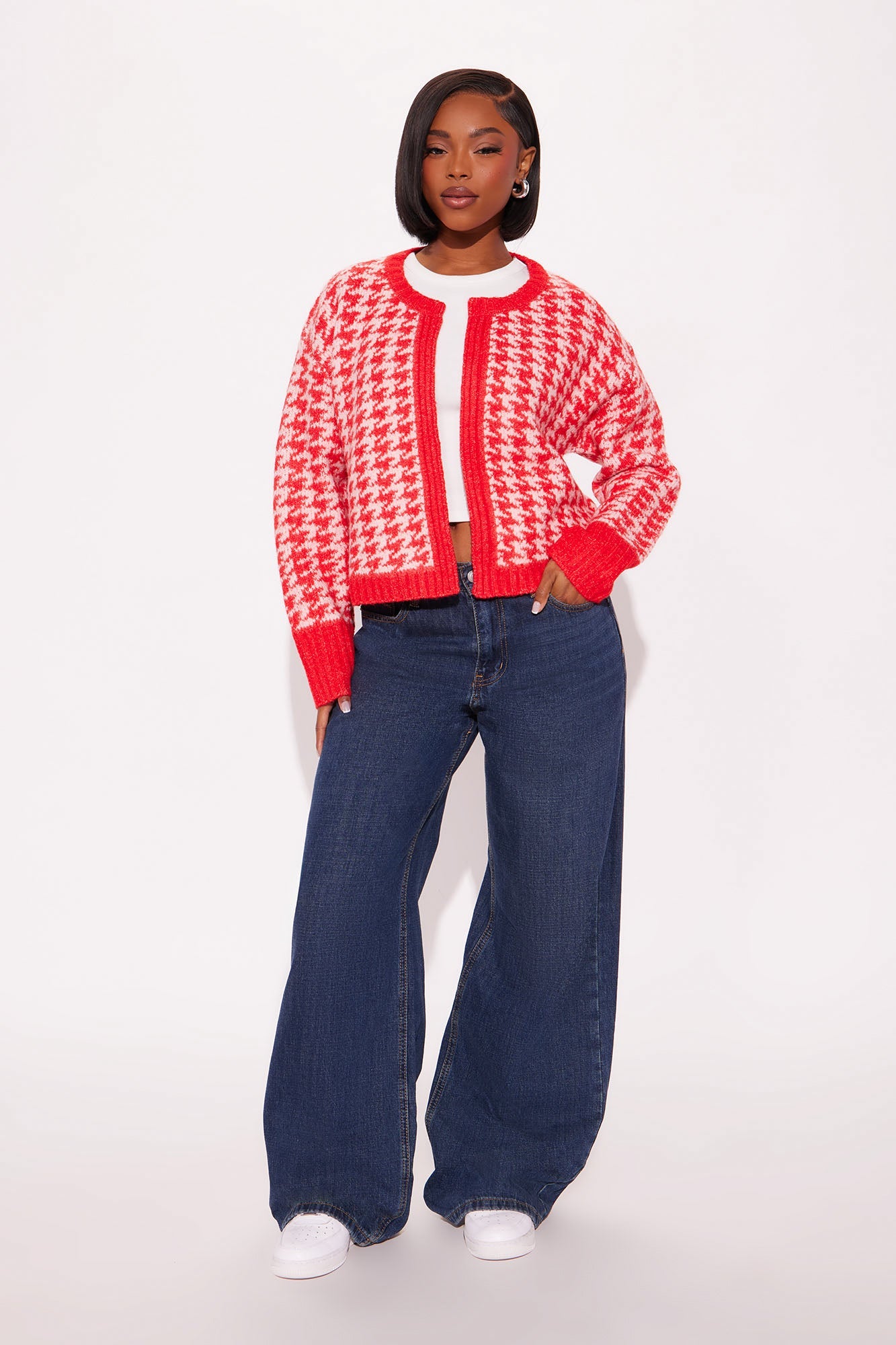 True Desires Houndstooth Cardigan - Red/combo