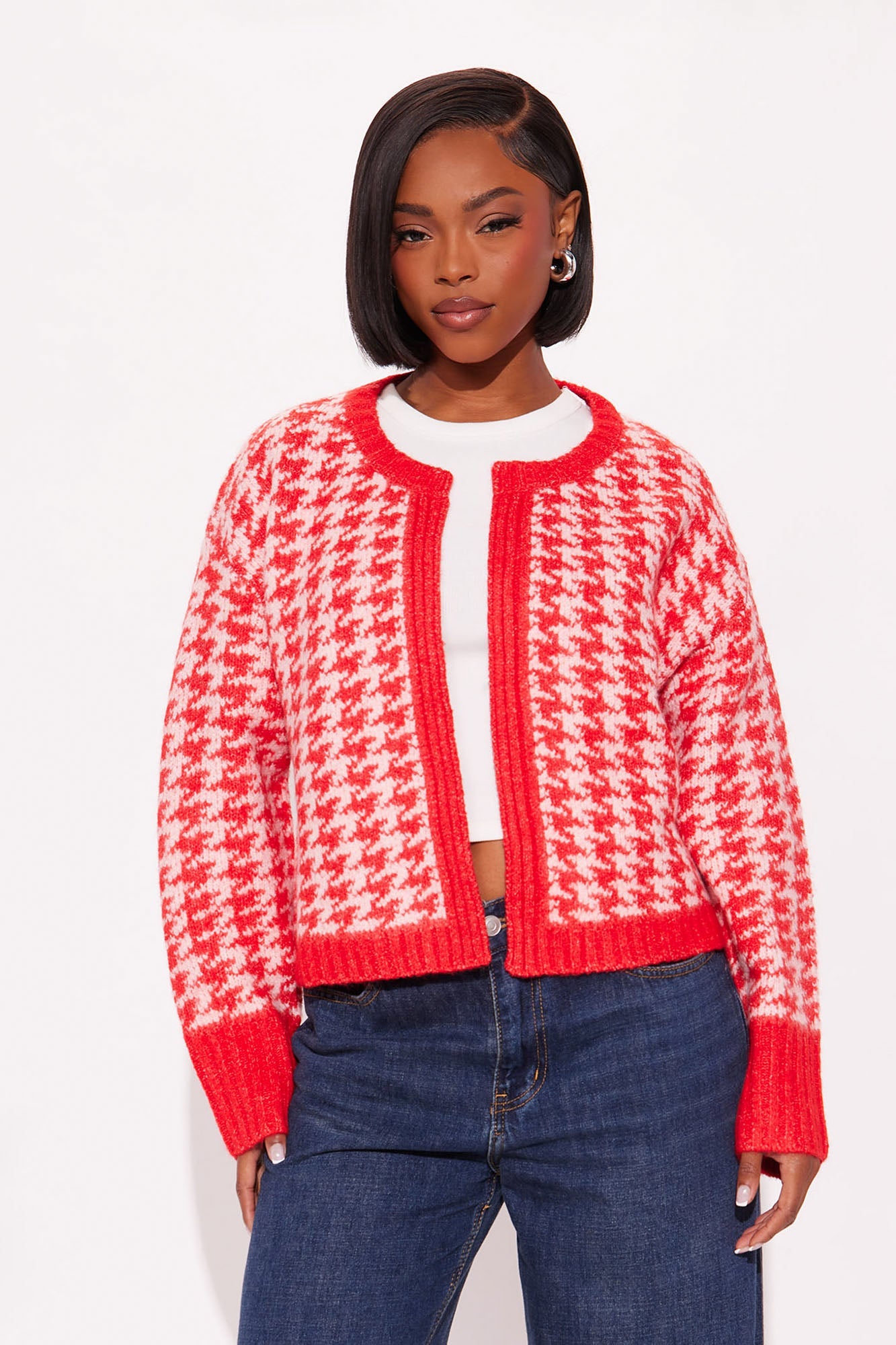 True Desires Houndstooth Cardigan - Red/combo