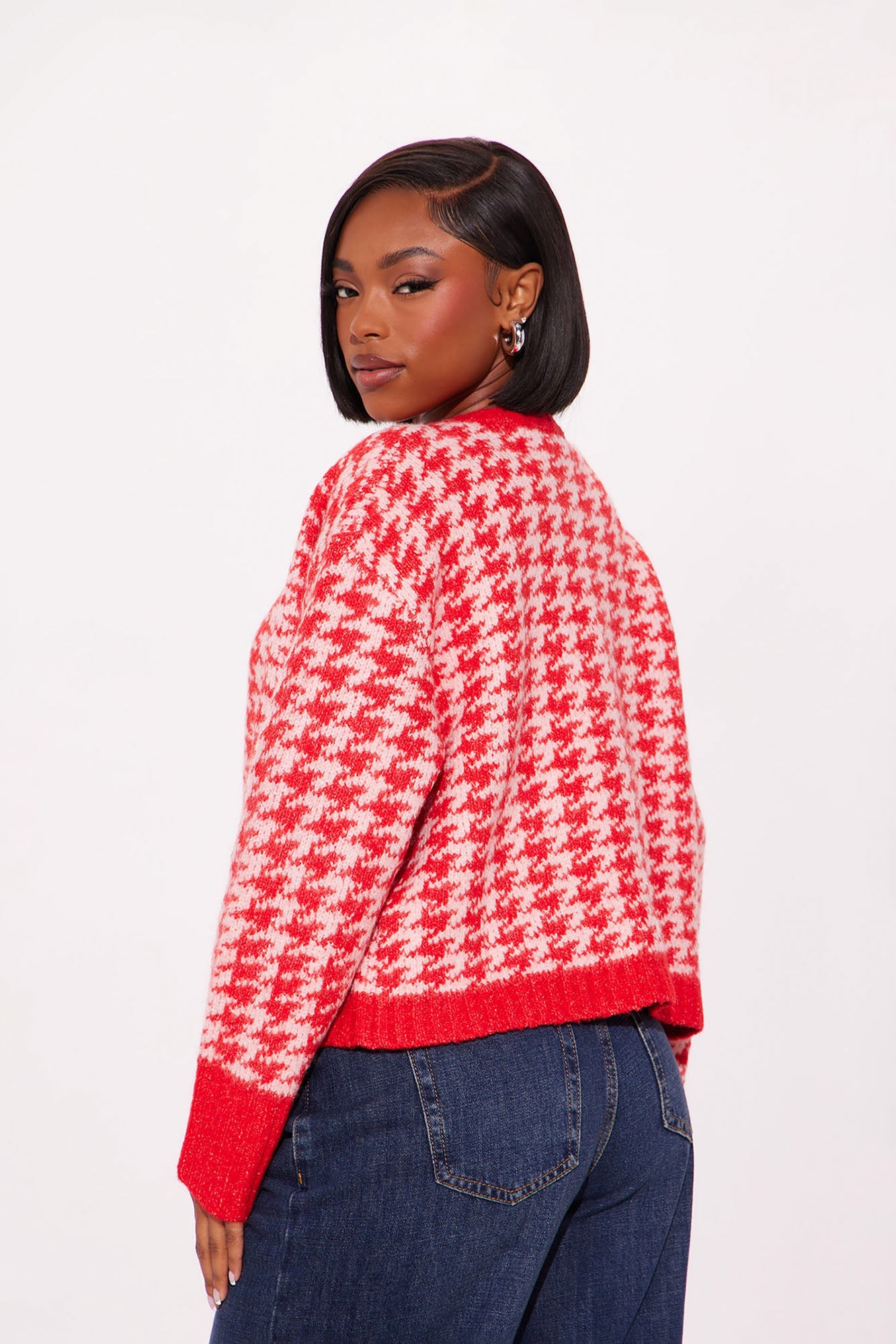 True Desires Houndstooth Cardigan - Red/combo