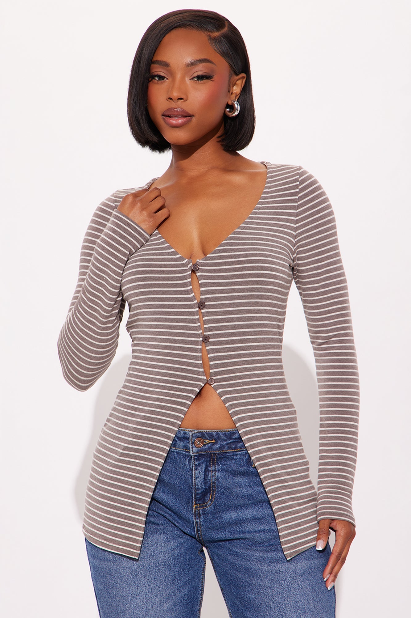 Susan Striped Button Up Long Sleeve Top - Olive/combo