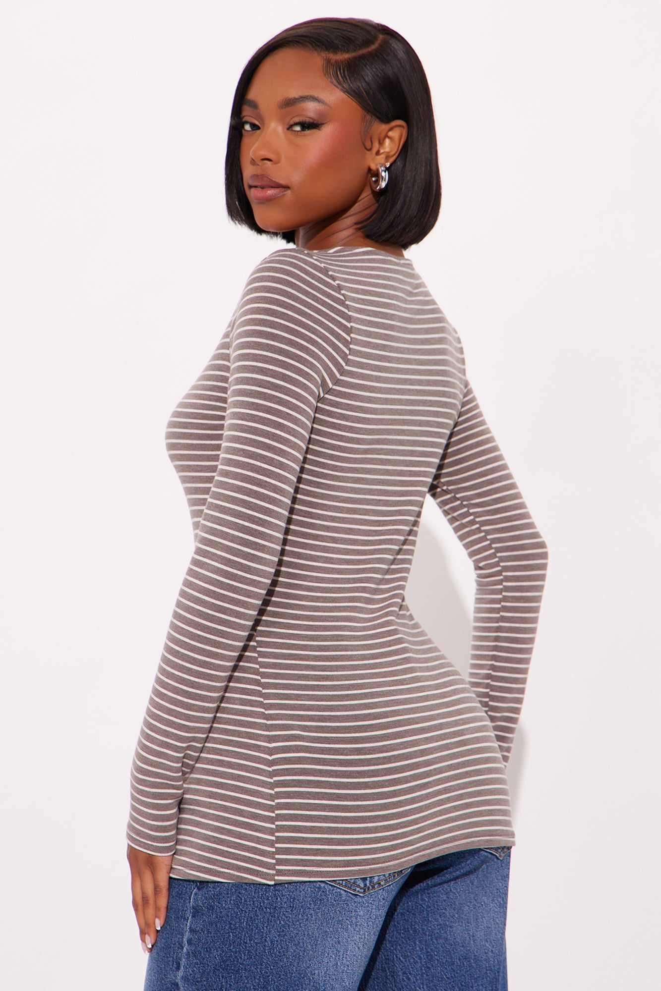 Susan Striped Button Up Long Sleeve Top - Olive/combo