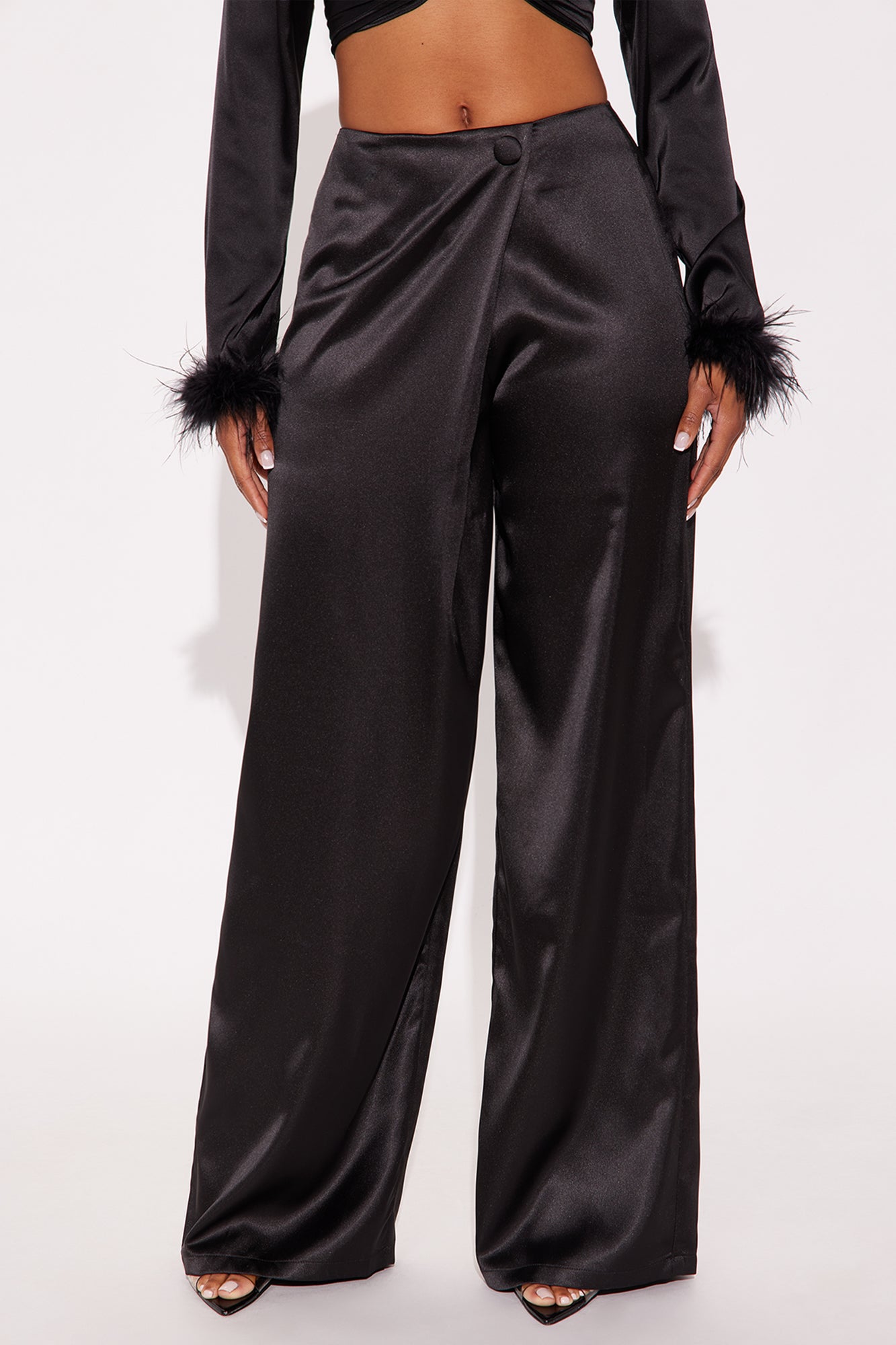 Athena Satin Wrap Wide Leg Pant 32″ - Black