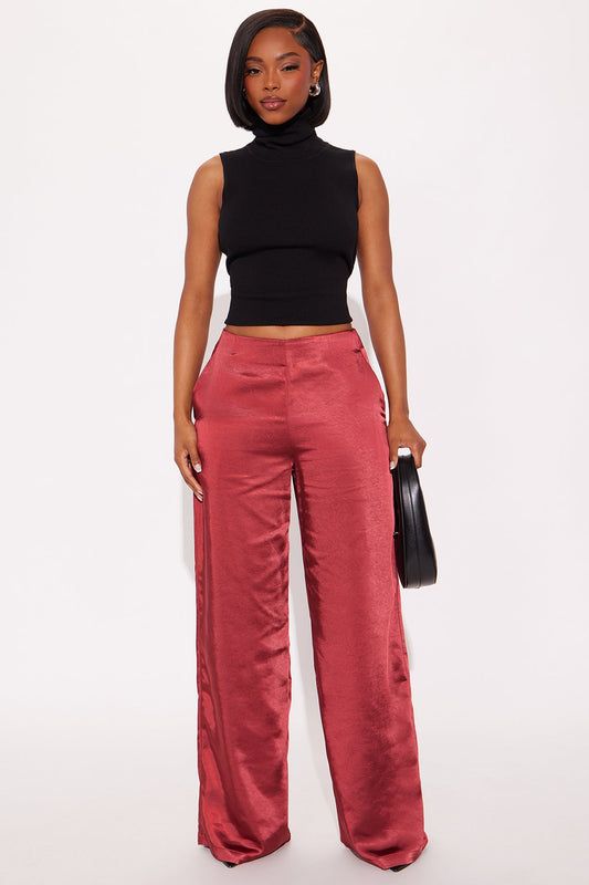 Delicate Desire Satin Wide Leg Pant 33 - Burgundy